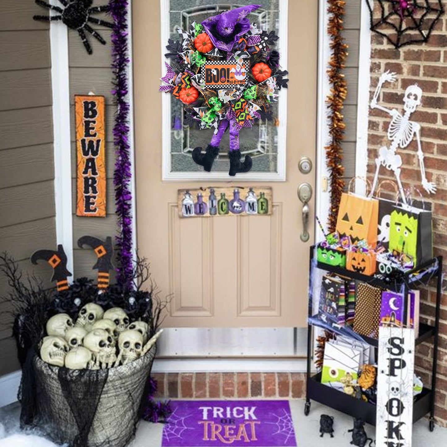 Vofuly Wreath for Front Door,20inch mesh Wreath,Pumkin & Witch Wreath with Legs,Fun Porch Decor,Decoration,Whimsical Halloween,Purple Green Orange (V23HL001)