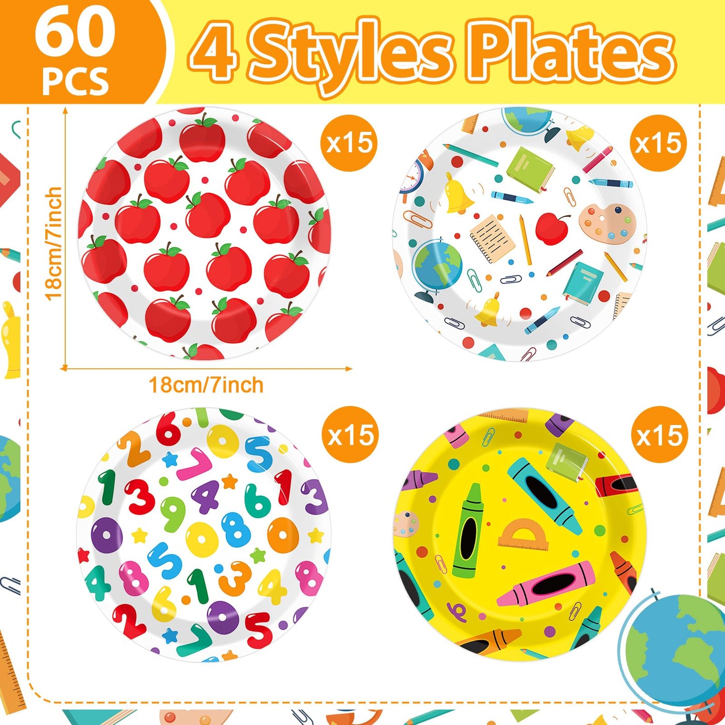60Pcs Back to School Paper Plates School Theme Apple Number Book Pencil Crayons Disposable Tableware for First and Last Day of School Preschool Kindergarten Graduation Party Supplies Table Decorations