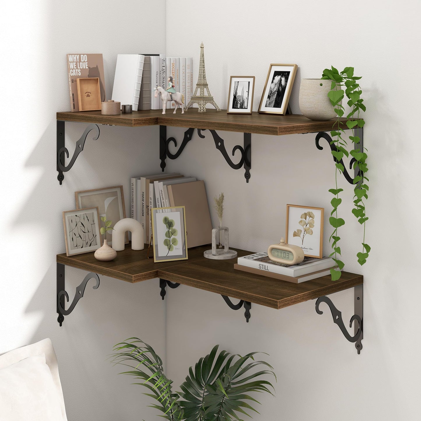 16 Inch Deep Floating Shelves for Wall, 12 Inch Deep Floating Shelf with Bracket, Wall Shelves 16 Inches Long, Wide Display & Storage Shelves for Living Room, Bathroom, Bedroom, Walnut, Set of 2