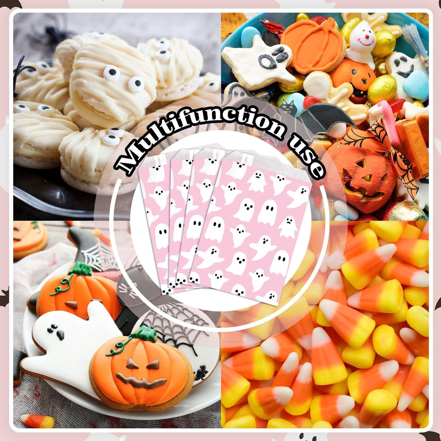 Whaline 100Pcs Halloween Treat Bags 5 x 7.3in Pink White Ghost Candy Goodie Bags Cute Party Favor Snack Bag Buffet Paper Bag for Chocolate Cookie Goodies Party Favor