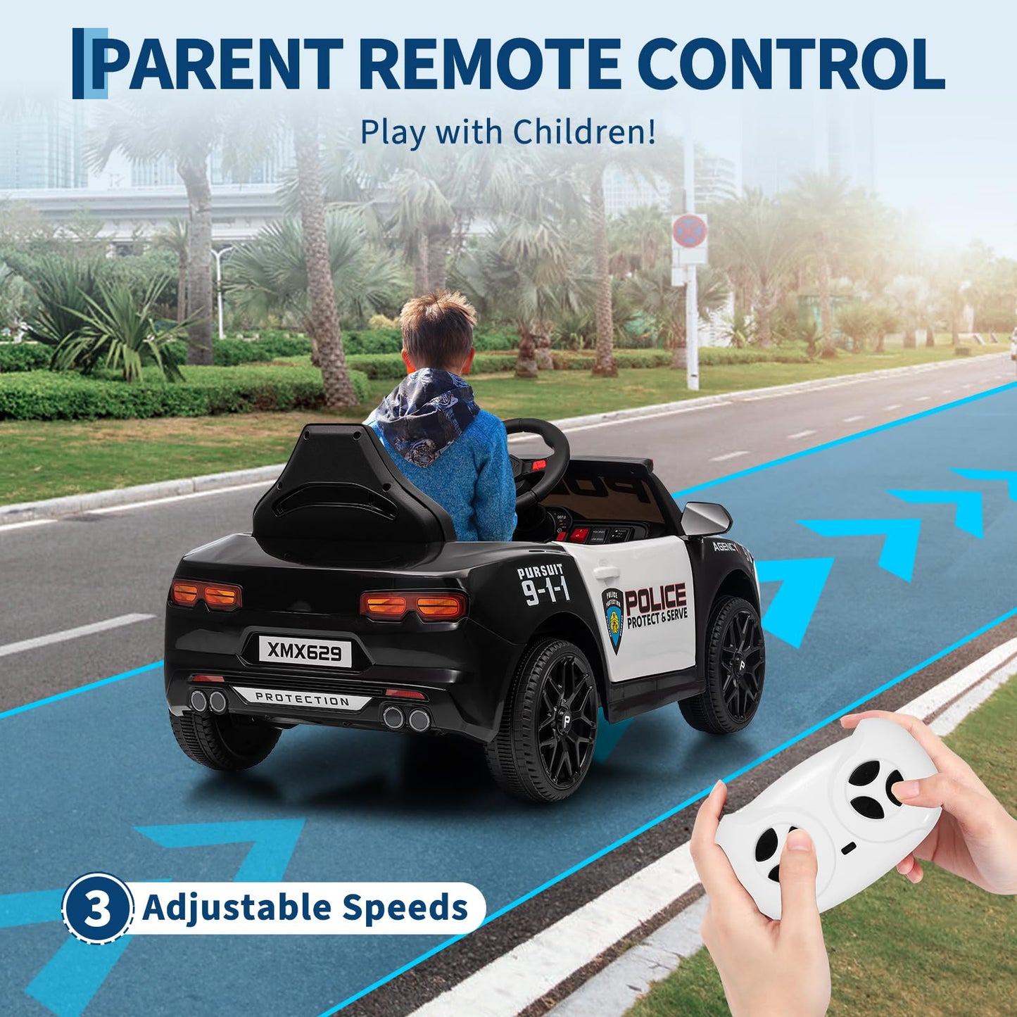 12V Police Car Ride On Car for Kids, Ride on Toy with Remote Control, Emergency Alert Tones, Megaphone, Flashing Lights, Music, Spring Suspension