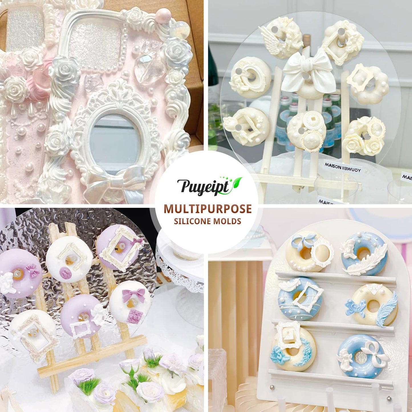 4 Pcs Photo Frame Silicone Molds, Fondant Sugar Mold Chocolate Candy Molds for Cupcake Topper, Donut Cake Puck Decoration and Clay Craft Making
