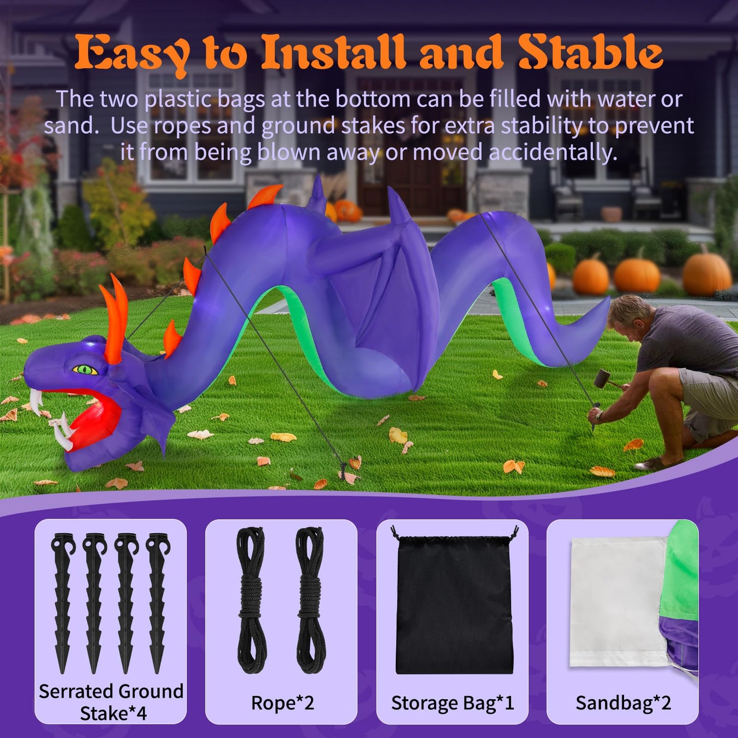 12ft Halloween Inflatable Dragon Decorations,Open Mouth and Sharp Teeth Outdoor Giant Purple Decorations,Built-in 7 LEDs Blow Up Dragon Inflatables for Yard, Lawn & Garden Internal Lights