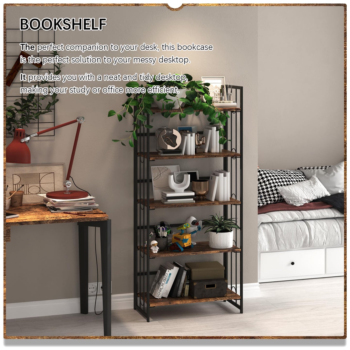 4NM No-Assembly 5 Tiers Folding Bookshelf Storage Shelves Vintage Bookcase Standing Racks Study Organizer Home Office - Rustic Brown Black