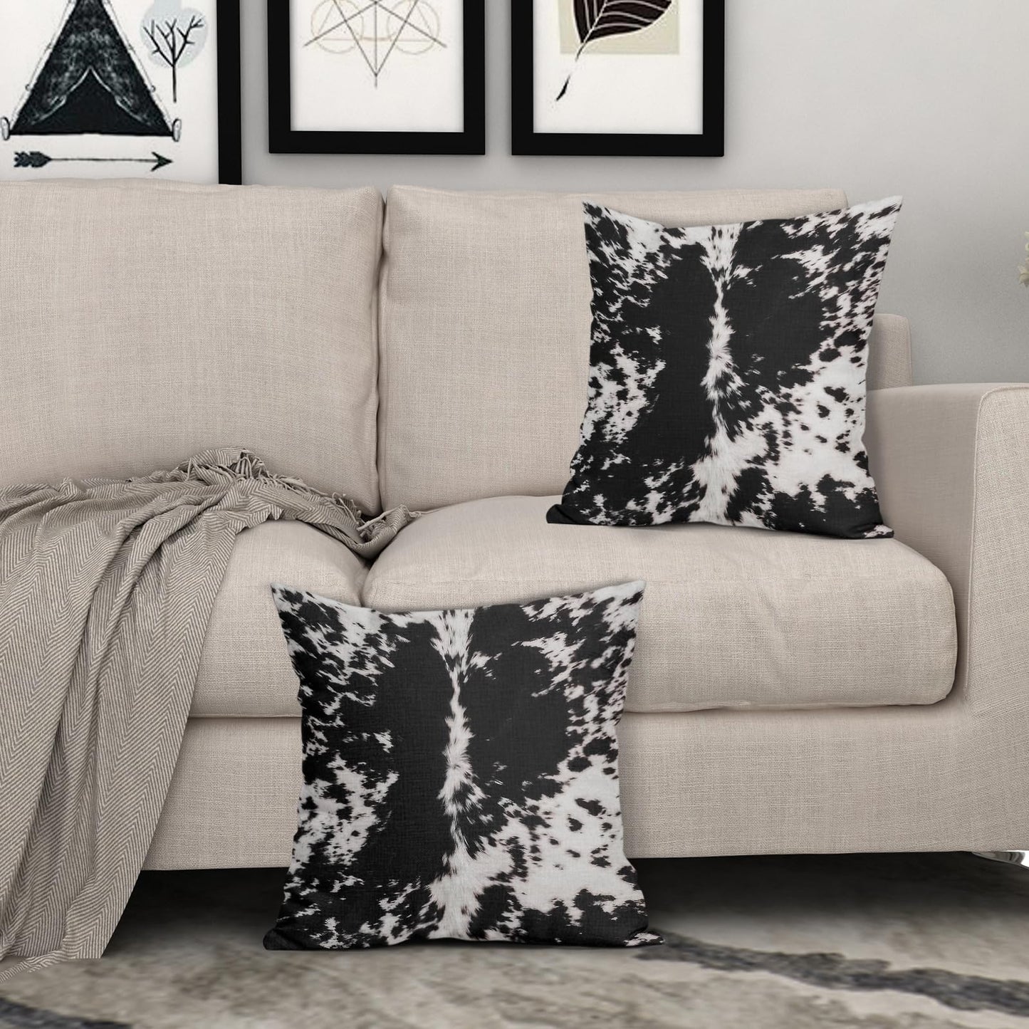 Western Cowhide Print Pillow Covers 18X18 Inch Set of 2 Black White Cow Spots Decorative Pillow Cases Farmhouse Pillowcase Cotton Linen Cushion Case Rustic Home Decor for Couch Sofa Porch Outdoor