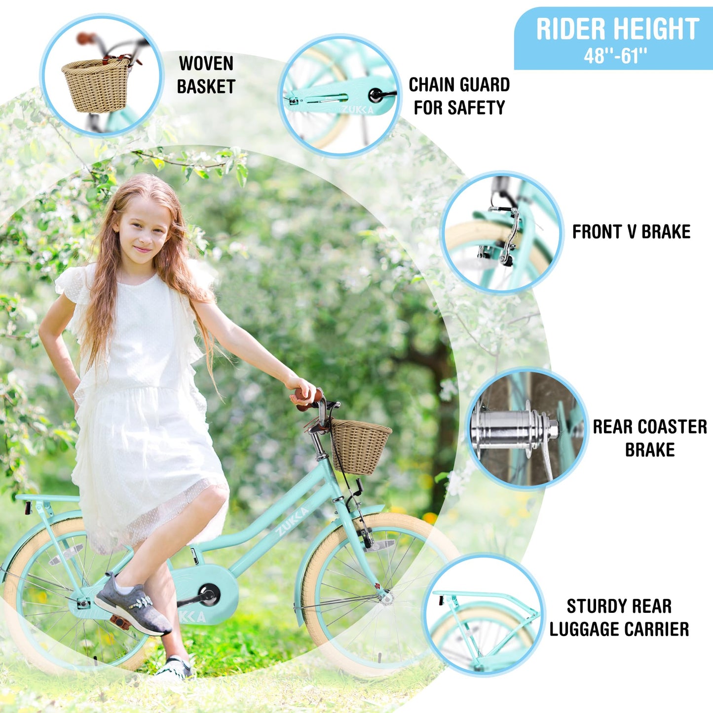 20/24 Inch Girls Bike for Kids, Single Speed Kids' Bicycles with Basket, Kid Beach Cruiser Bike for Girls, Adjustable Seat, Multiple Colors
