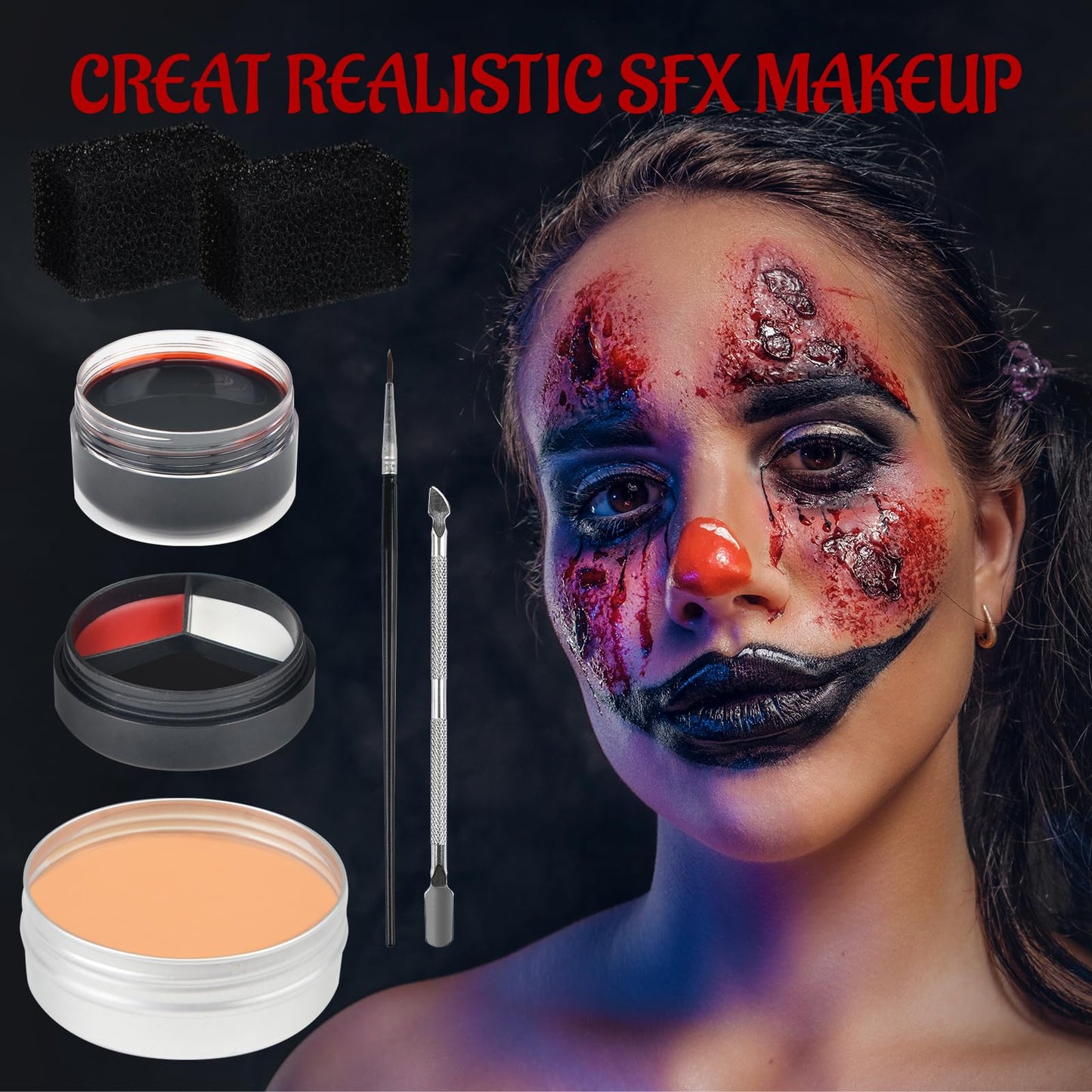 7PCS Halloween SFX Special Effects Makeup Kit, SFX Makeup Kit Include 3 Colors Clown Makeups Face Body Paint, Scar Wax,Fake Blood,Spatula,Brush,2PCS Stipple Sponges for Halloween Cosplay Costume Party