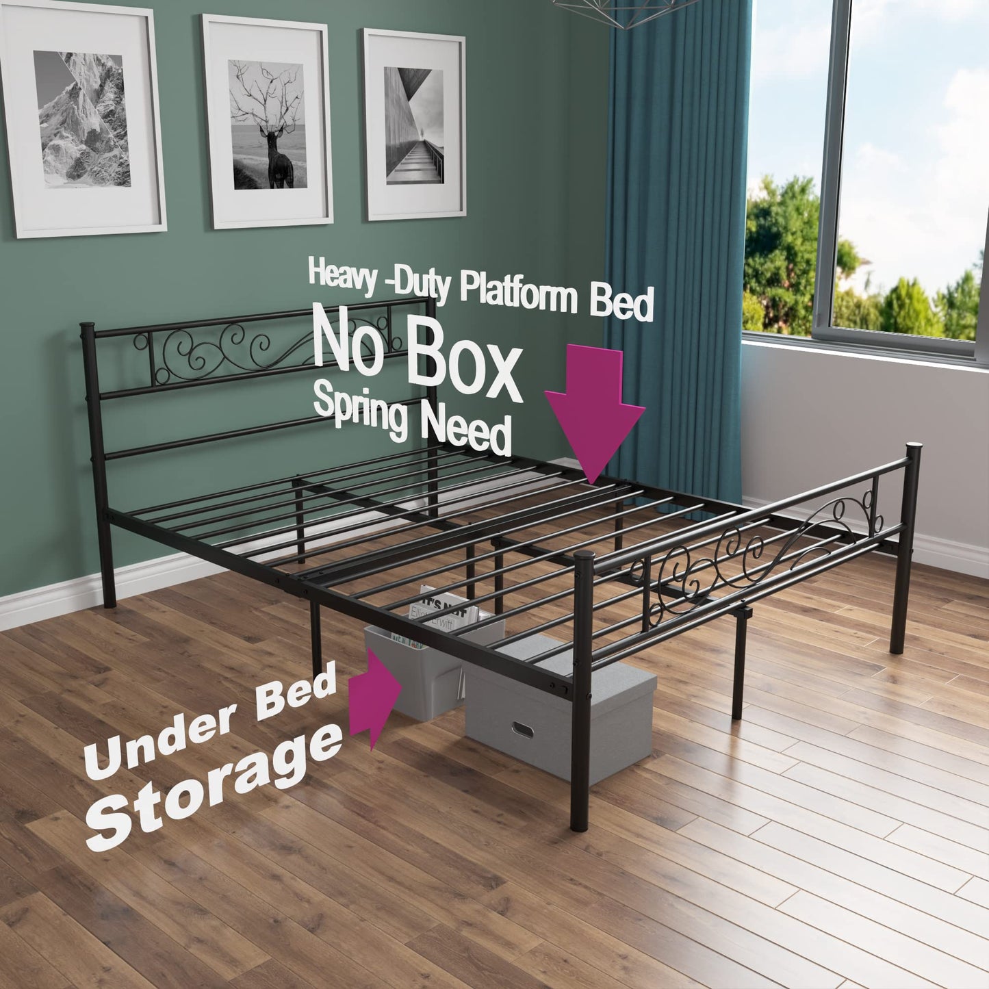 Weehom Full Size Platform Bed with Unique Flower Design Mattress Foundation Strong Metal Slats Support,Easy Assembly Black