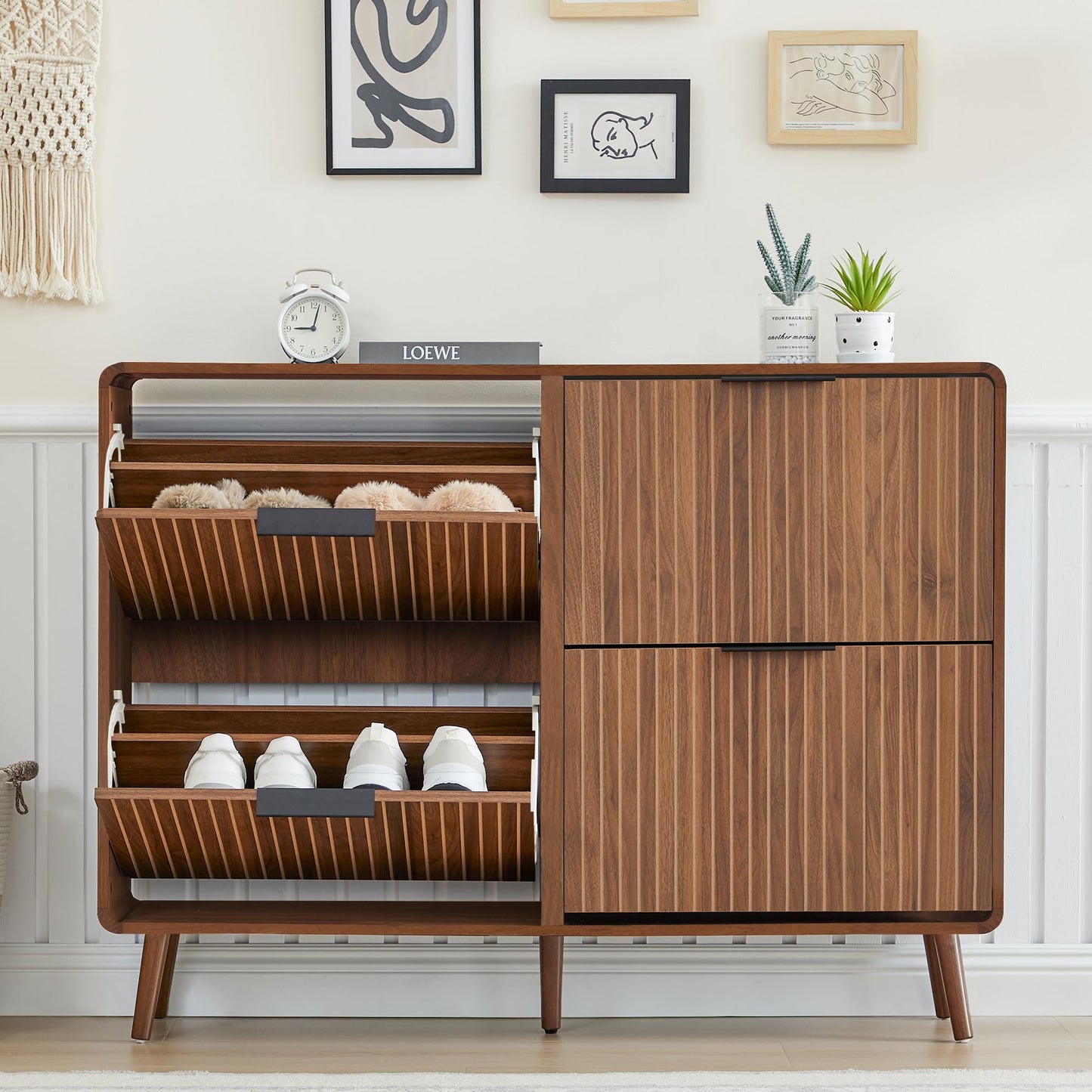 47" Fluted Large Shoe Cabinet with 4 Flip Drawers, Slim Freestanding Shoe Cabinet Organizer, Narrow Shoes Storage Rack for Entryway, 5 Sturdy Legs (Walnut, 9.45" D x 47.24" W x 35.83" H)