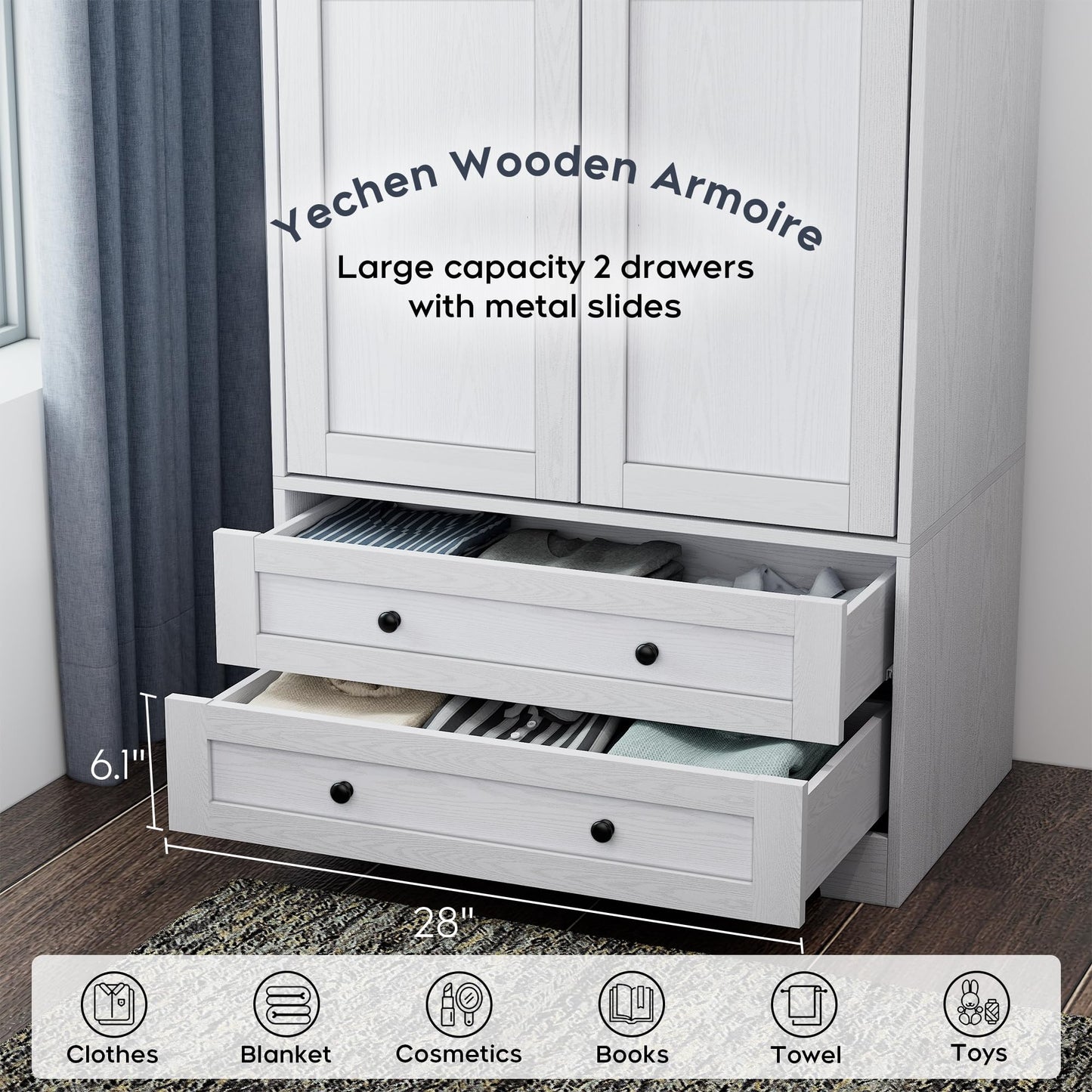 Yechen 71" Wooden Armoire Wardrobe Closet - Modern Functional Clothes Tall Storage Cabinet with Adjustable Shelf and Hanging Rail, Sturdy Freestanding Closet Wardrobe with 2 Wide Drawers for Bedroom
