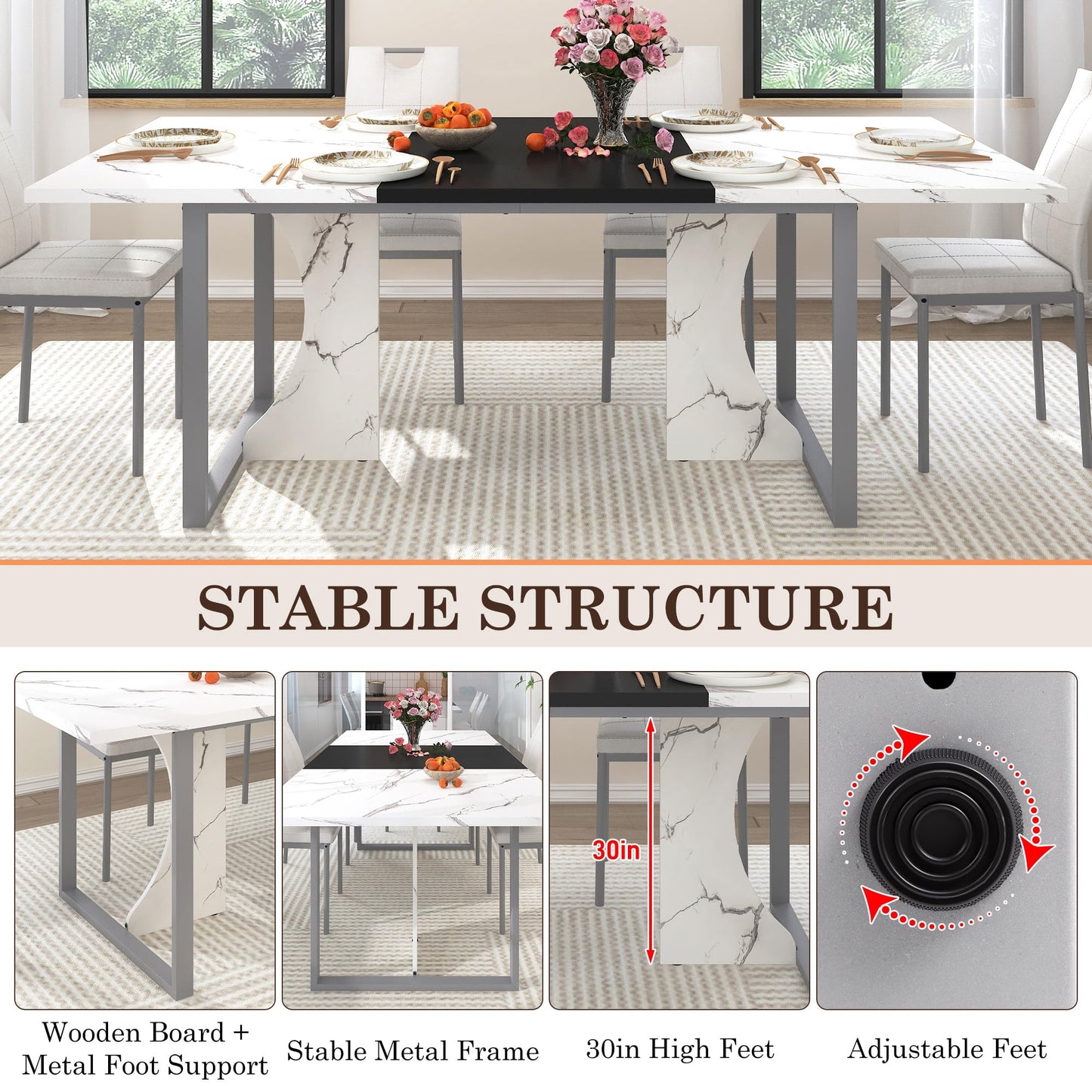 7PCS Dining Table Set for 4 5 6 People, 71" Large Long Wooden Kitchen Table with 6 Chairs (White+Black, 71IN Table+6 PCS Chairs)
