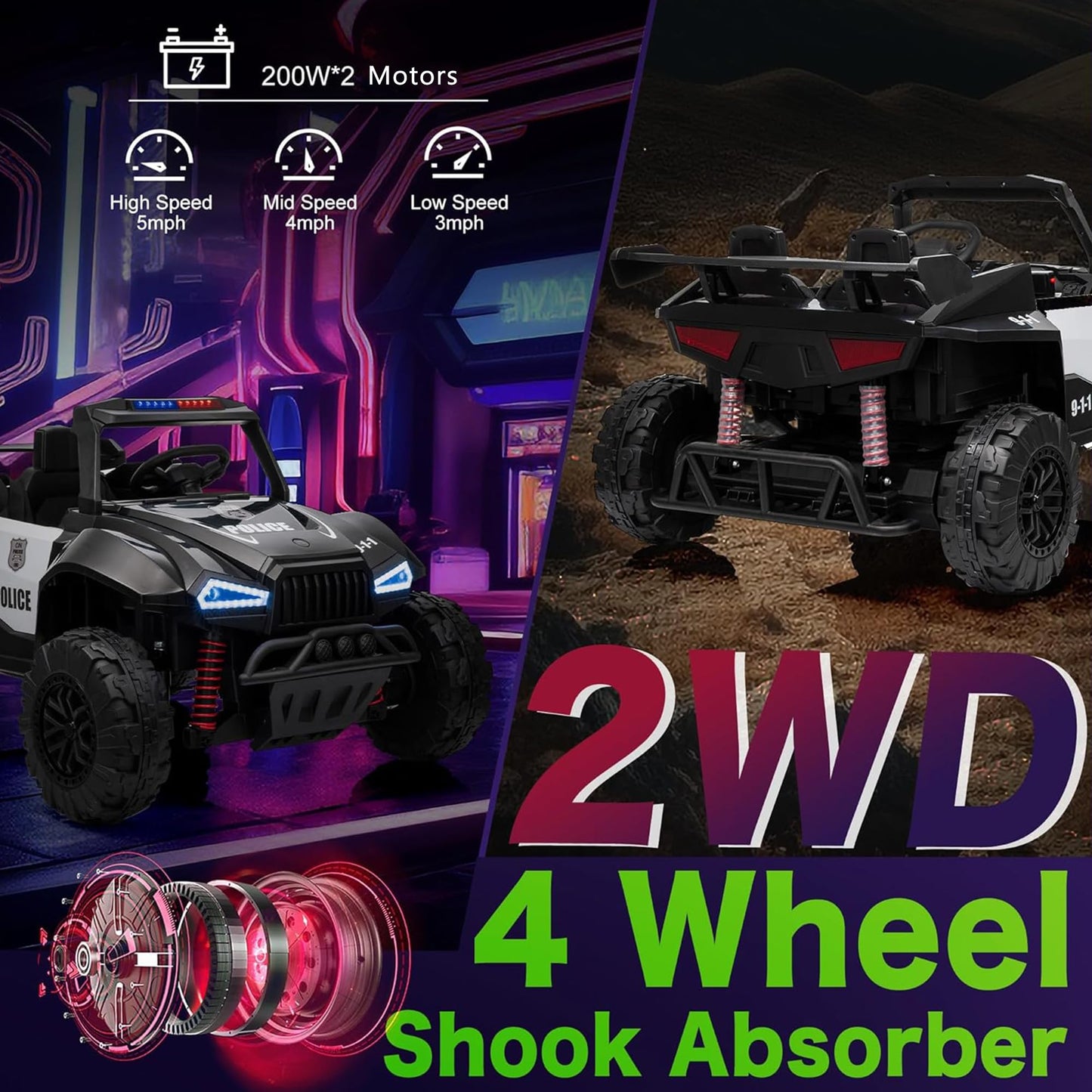 24V 2-Seater Kids Ride On Car Electric Off-Road UTV Side by Side with 200W*2 Powered Wheel Electric Vehicle with Remote Control, Bluetooth, LED Light Gift for Boys and Girls Black