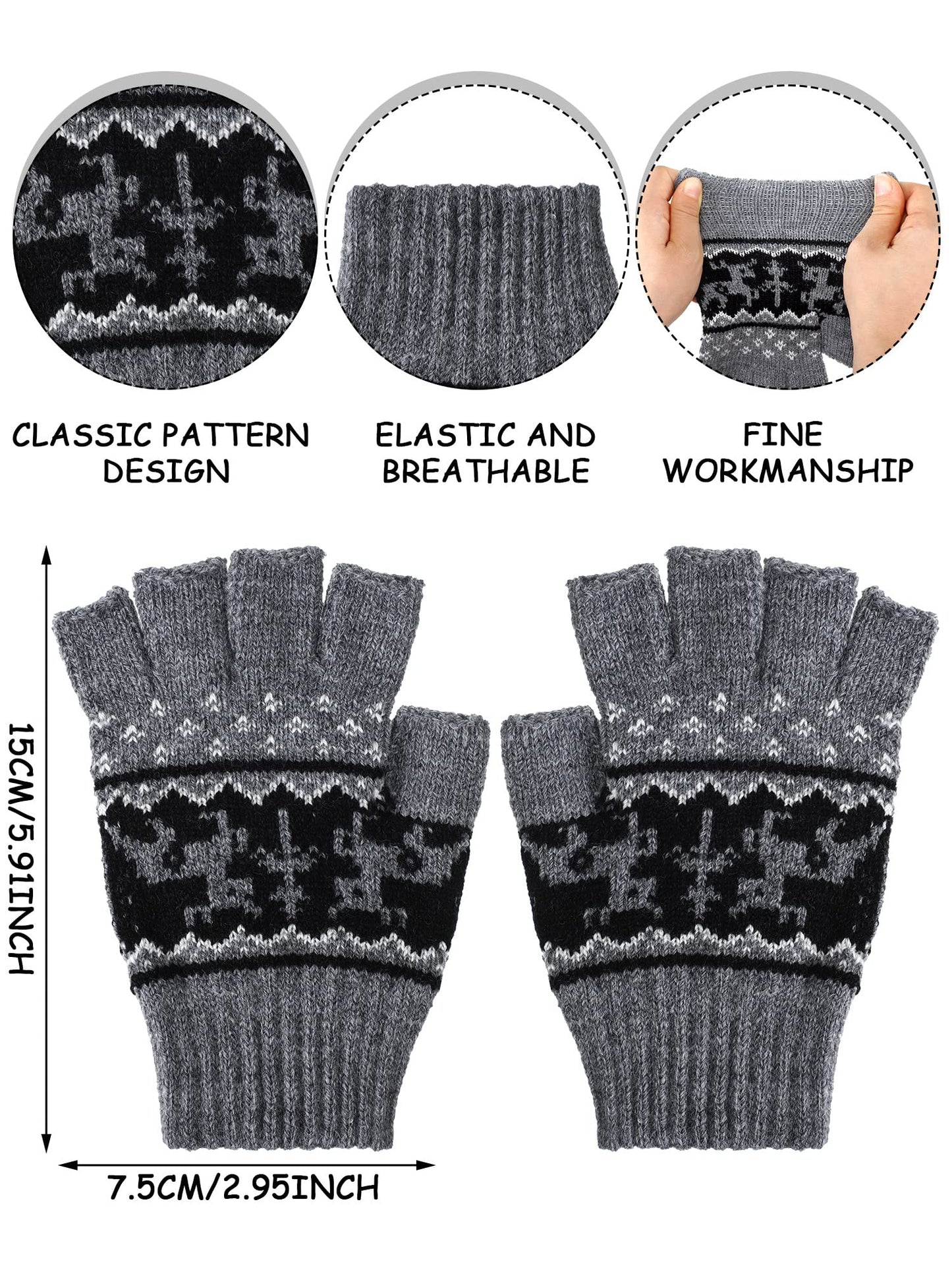4 Pairs Fingerless Gloves Unisex Half Finger Striped Knit Stretchy Winter Gloves for Women Men Cold Weather(Elk Style)