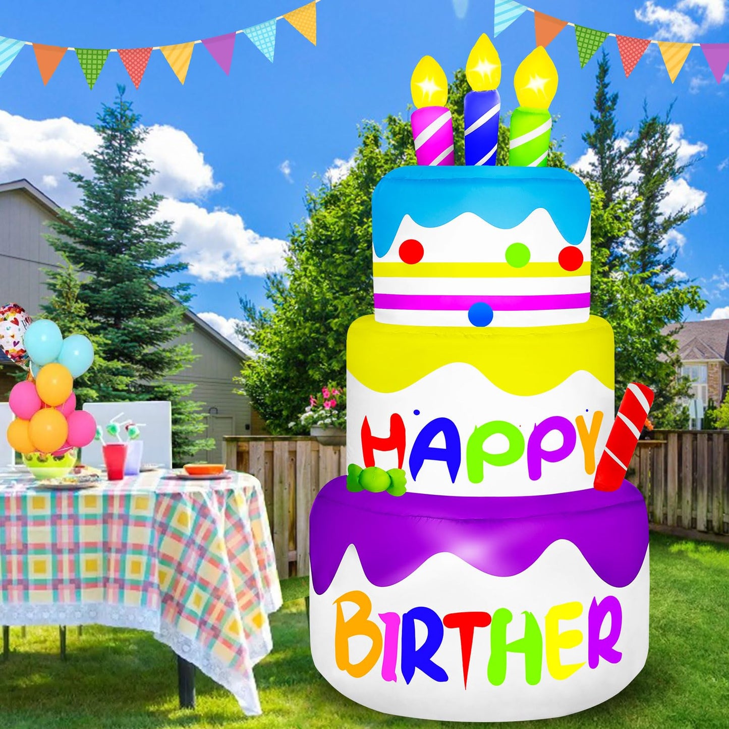 4 Ft Happy Birther Inflatable with 3 Candles Outdoor Decorations, Inflatable Cake with 6 LED Lights Happy Birther Blow Up for Indoor Home Holiday Party Patio Garden Yard