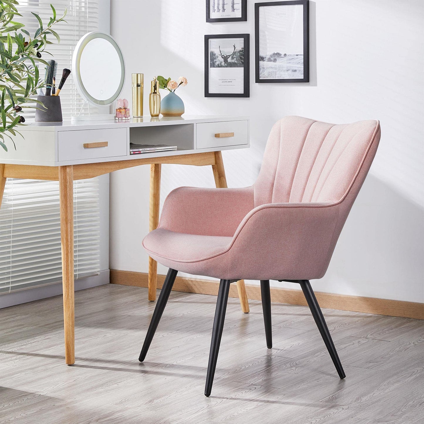 Yaheetech Accent Chair, Modern and Elegant Armchair, Linen Fabric Vanity Chair with Metal Legs and High Back for Living Room Bedroom Office Waiting Room, Pink