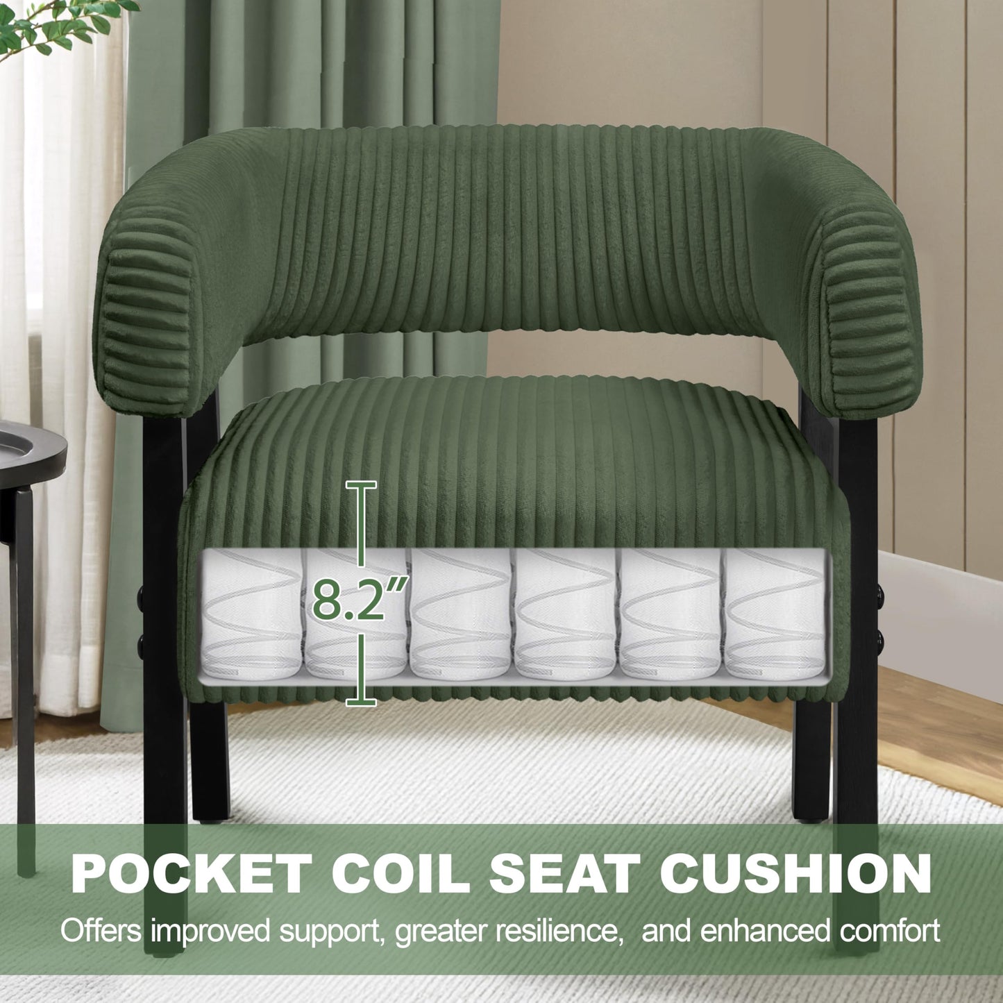 Yaheetech Corduroy Barrel Accent Chair Set of 2, Modern Upholstered Armchair with Solid Wood Legs, Cozy Leisure Chair with Pocket Coiled Seat for Living Room, Bedroom, Reading Nook Dark Green