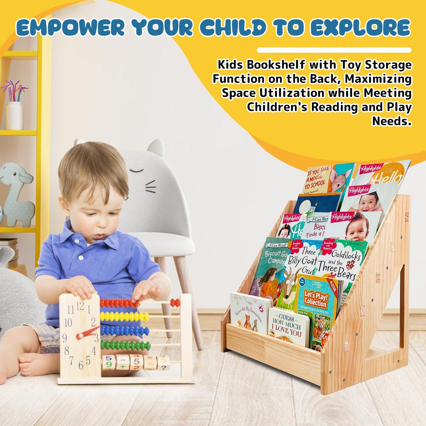 5-Tier Montessori Bookshelf - Front Facing Kids Bookshelf with Back Storage,Mortise and Tenon Design, Easy to Install. Perfect for Toddler, Children's Room, and Reading Nook (Natural)