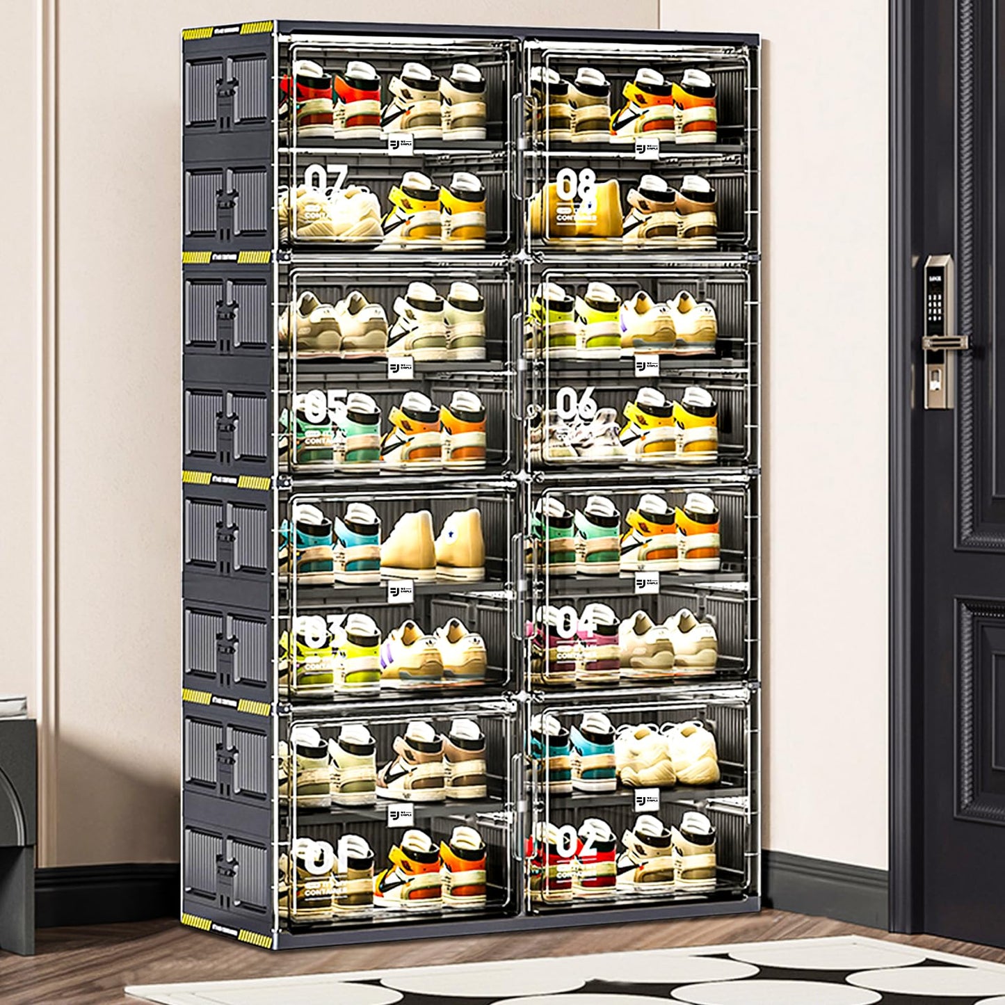 wesimple 32 Pairs Portable Shoe Storage Cabinent of 3-Step Fast Installation,Plastic Shoe Box with Magnetic Clear Door for Entryway, Enclosed Shoe Rack for Sneaker, Heels etc.. (2Row, 8Tier)