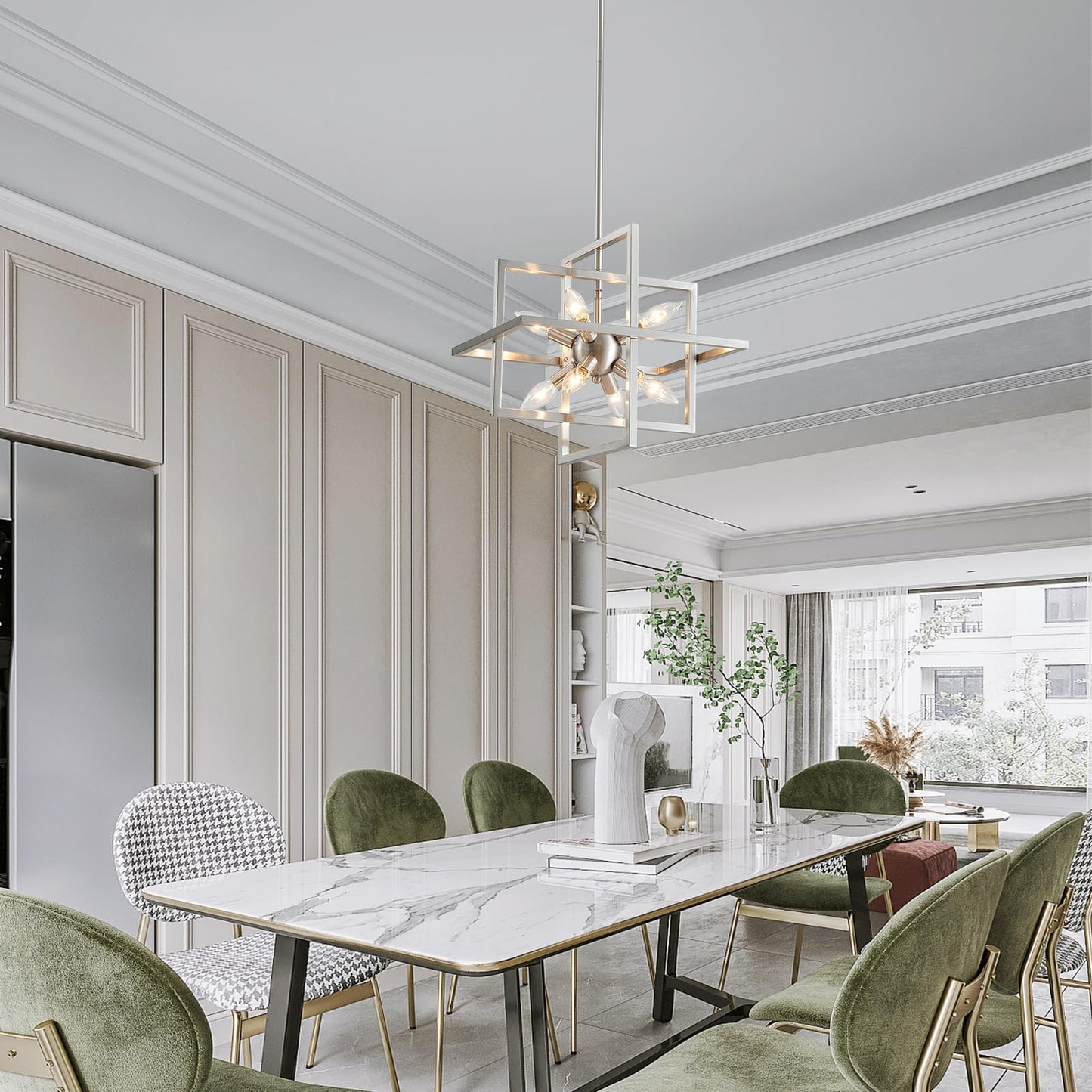 XINGQI Modern Chandelier 8-Light Brushed Nickel Geometric Pendant Lighting Farmhouse Ceiling Light Fixtures for Dining Room Living Room Kitchen Island Bedroom Hallway