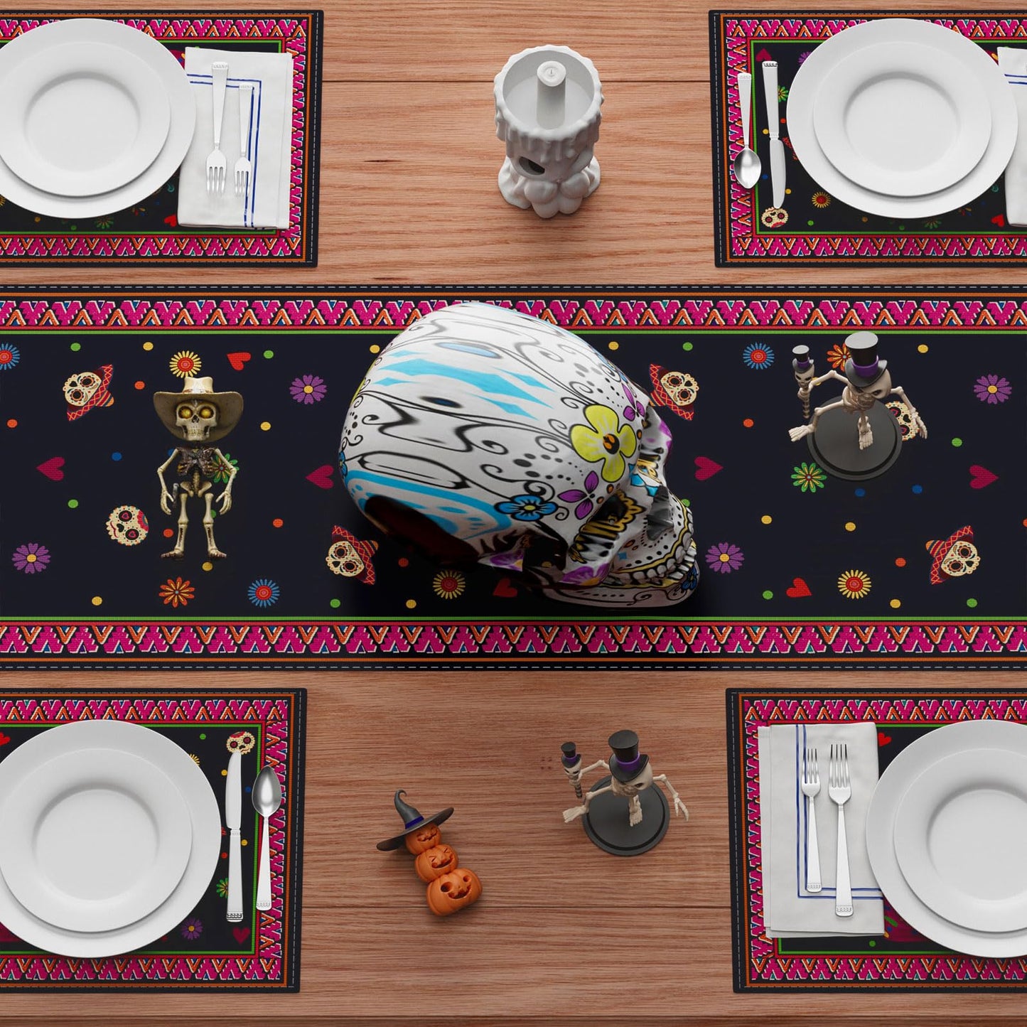 XCHI Vases Sugar Skull Flowers Dia De Los Muertos Table Runner Day of The Dead Mexican Table Decoration for Home Kitchen Dining Holiday Fiesta Themed Party Decor 13x72 Inch
