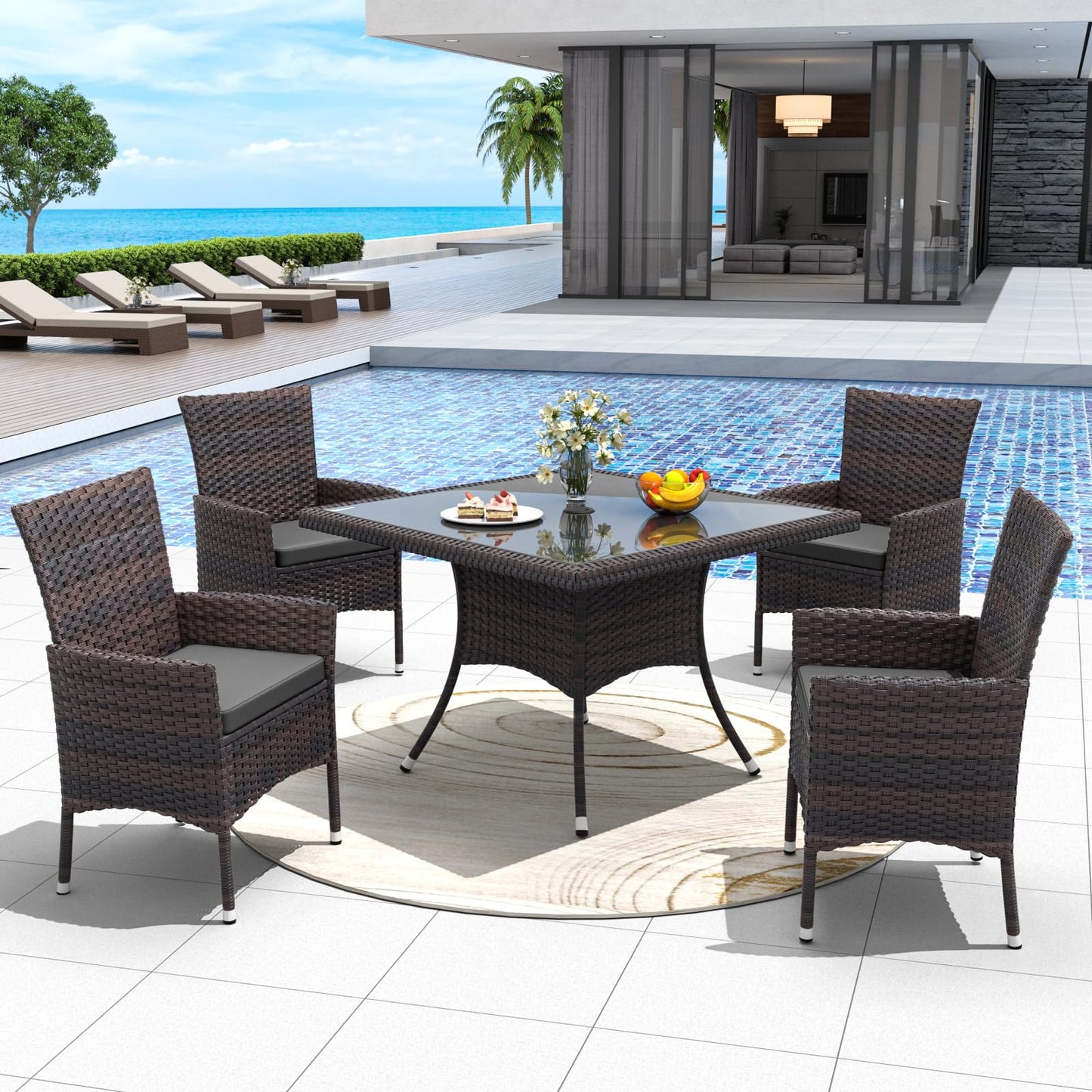 ALAULM 5 Piece Patio Dining Set All-Weather Wicker Outdoor Patio Furniture Set w/Tempered Glass Tabletop, Removable Cushions and Umbrella Hole for Patio, Backyard, Garden, Poolside(Grey)