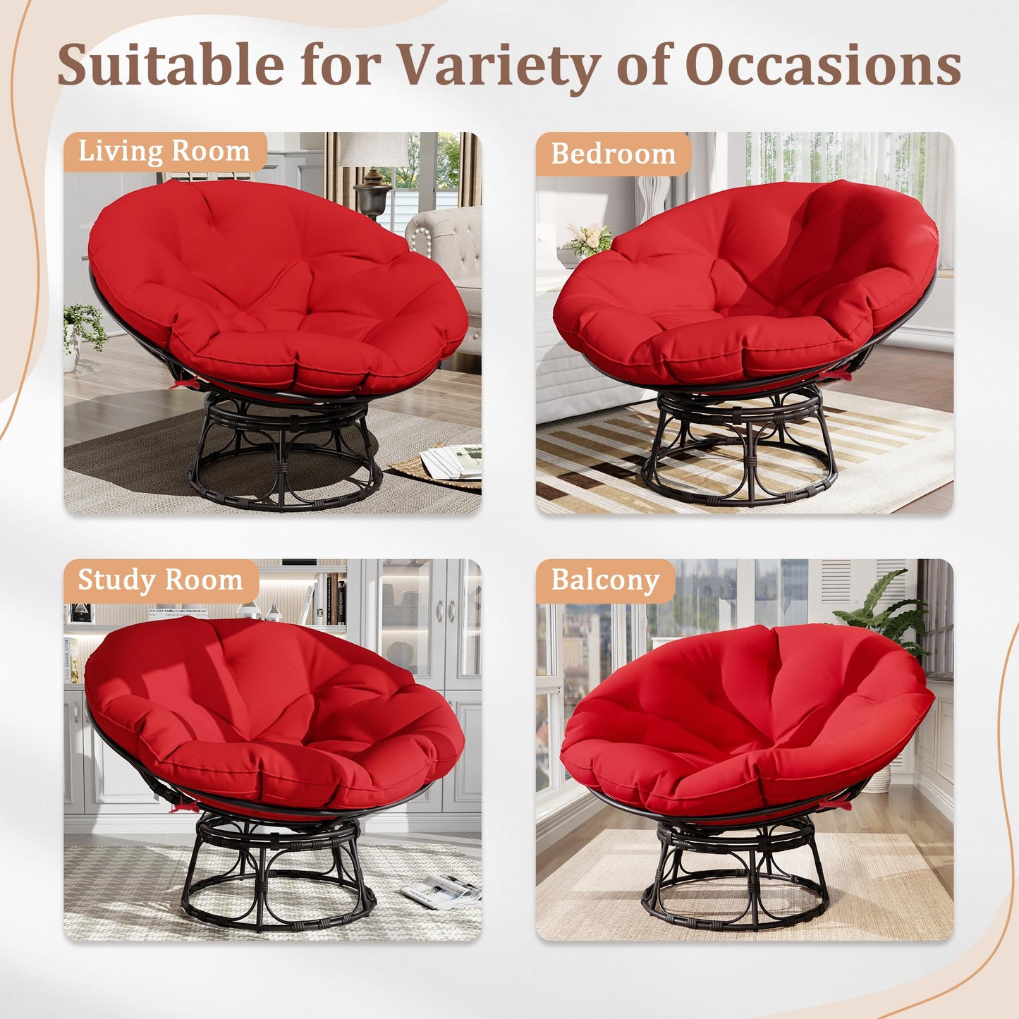 46" Papasan Chair with Cushion and Frame, Ergonomic Wicker Papasan Circle Chair for Living, Bedroom, Reading Room, Lounge