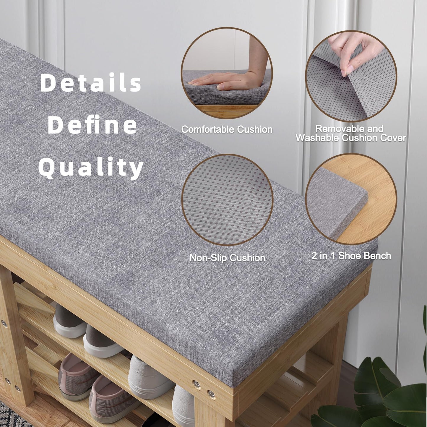 Xdwwhome Bamboo Shoe Bench, 2 Tier Storage Benches with Seat, Shoe Shelf with Cushion, Modern Entryway Bench for Living Room Bedroom Hallway Bathroom Garden, Capacity 330 lbs, Natural