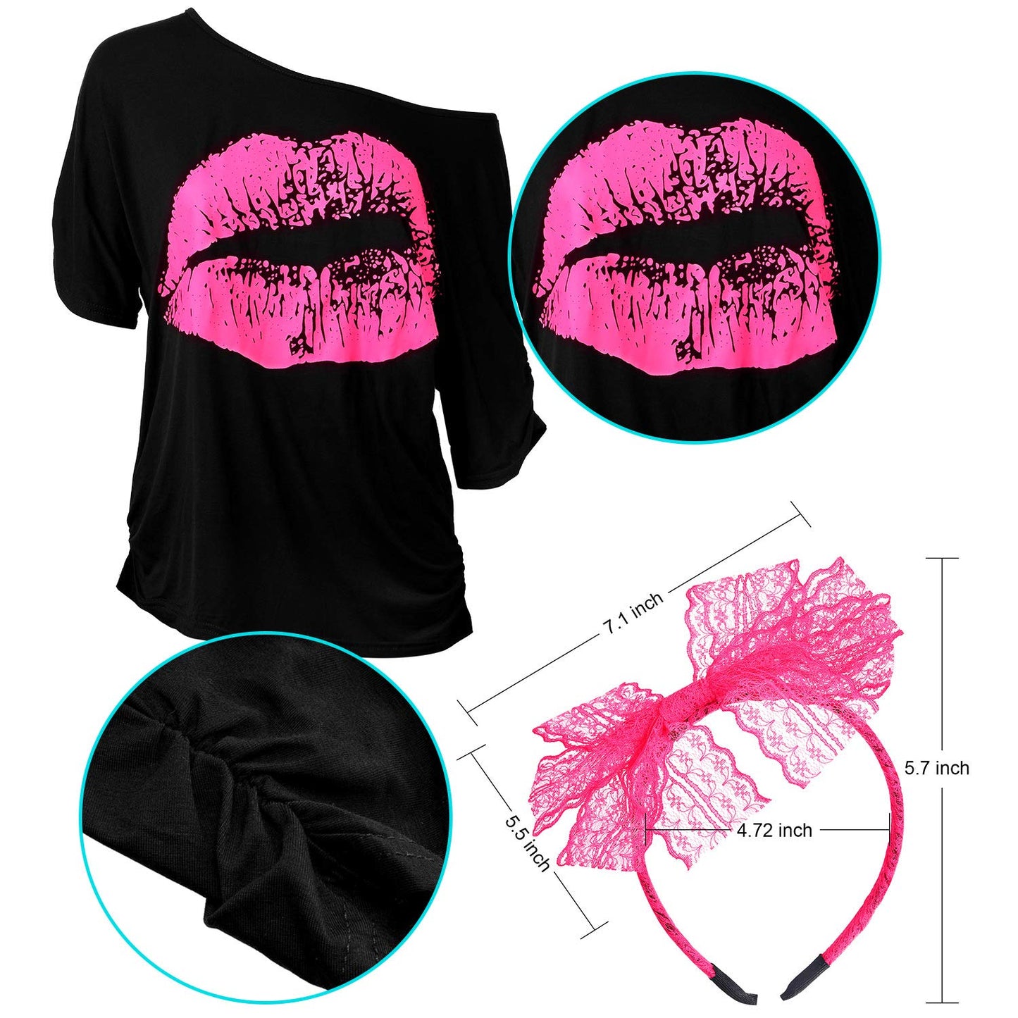 80s Costumes for Women, Lips Print T Shirt Lace Headband Earrings Necklace Bracelet for 80s Theme Party(Rose Red,L)