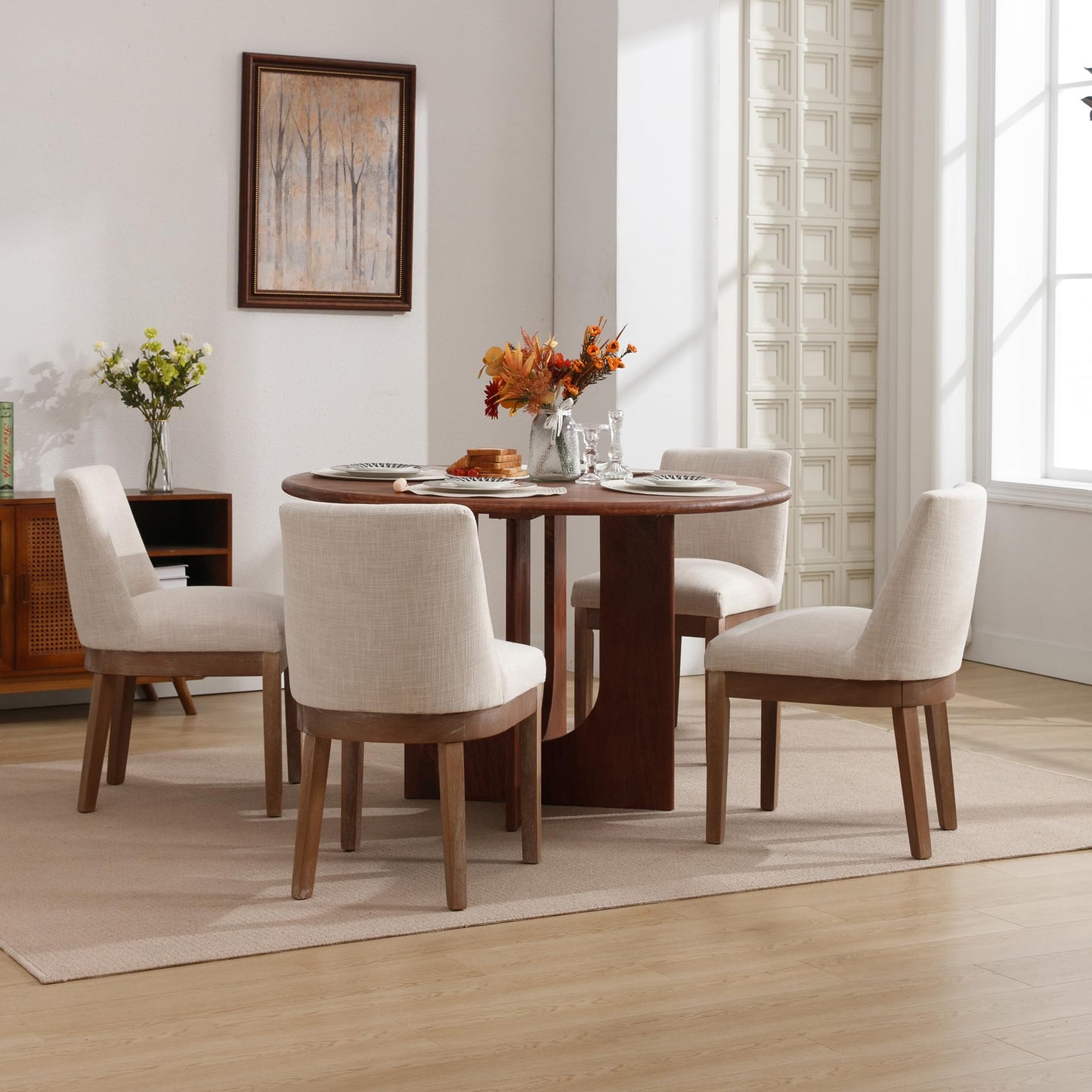 Wahson Modern Dining Chairs Set of 2, Curved Backrest Dining Chairs, Side Chairs with Natural Solid Wood Legs, Upholstered Fabric Dining Room Chairs for Dining Room Kitchen, Beige