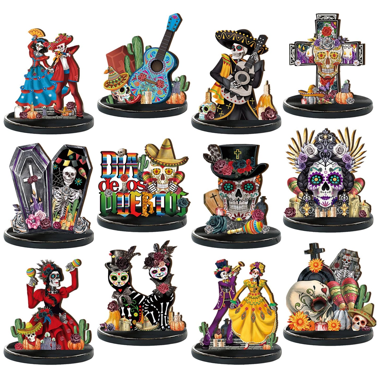 Wesiti 12 Pcs Day of The Dead Table Decorations Wooden Mexican Dia De Los Muertos Altar Centerpiece Halloween Sugar Skull Table Topper Decor Skeleton for Mexican Fiesta Tiered Tray Decor Party Favor