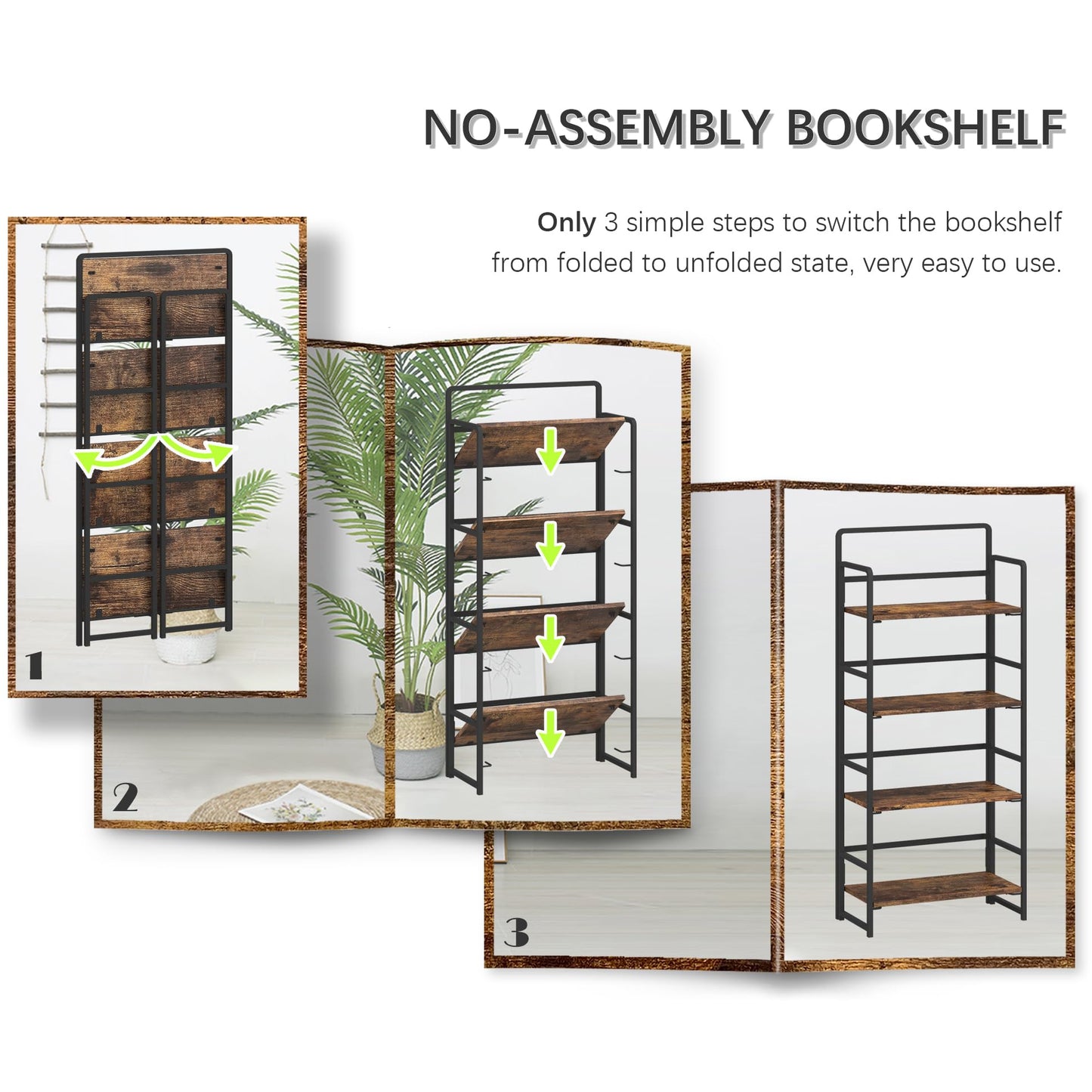 4NM No-Assembly 4 Tiers Folding Bookshelf Storage Shelves Vintage Bookcase Standing Racks Study Organizer Home Office (Rustic Brown and Black)
