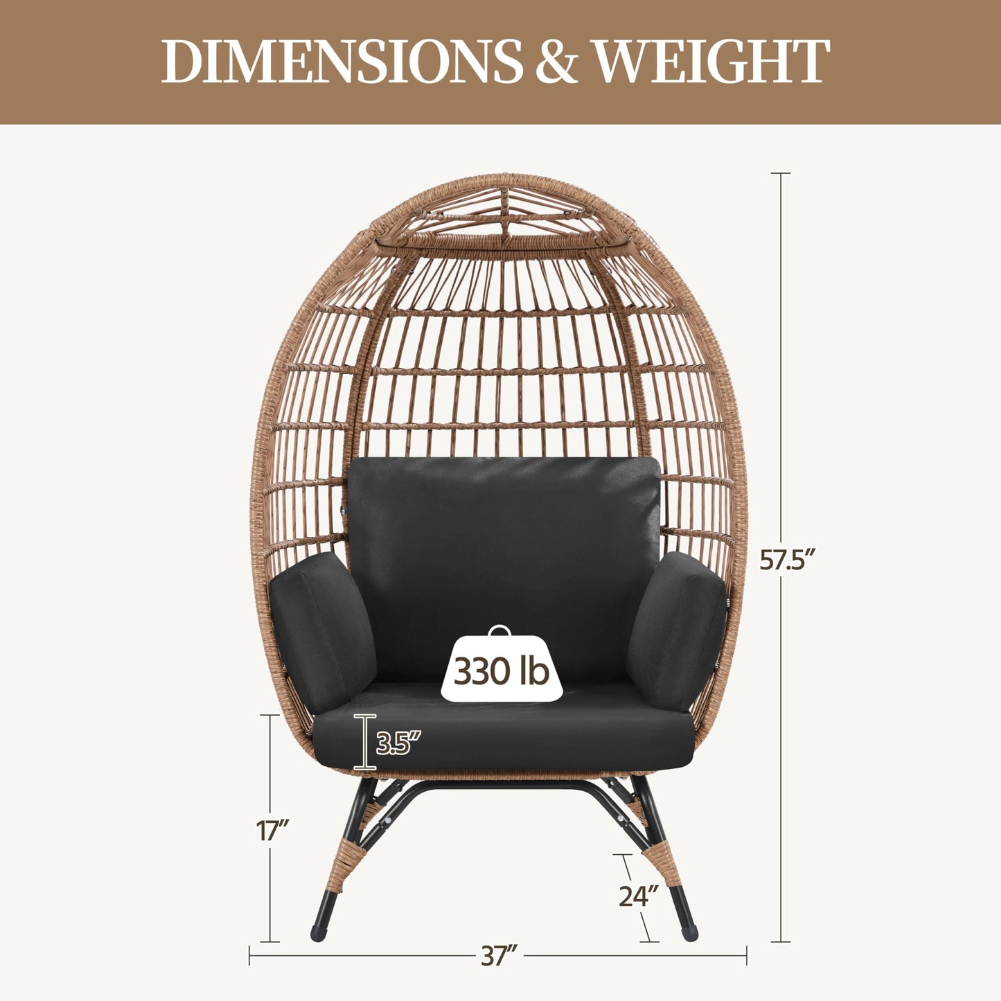 Yaheetech Egg Rattan Chair, Oversized Indoor/Outdoor Egg-Shaped PE Basket Lounger with 4 Cushions, Metal Frame Stand for Patio, Balcony, Backyard, Living Room, Light Brown/Black