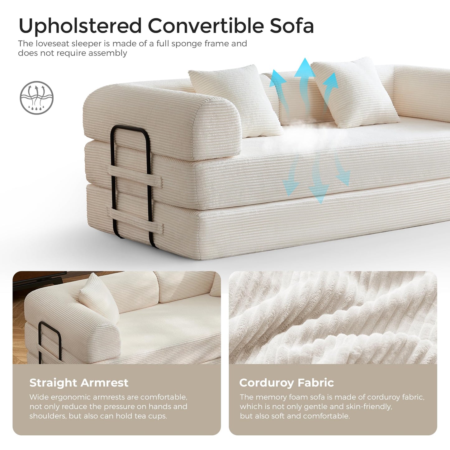 79" Convertible Sofa Bed with Fixed-Shape Frame & Removable Armrests, Modular Corduroy Sleeper Sofa, Folding Mattress Couch for Small Spaces - No Assembly Needed in White (Includes 2 Pillows)