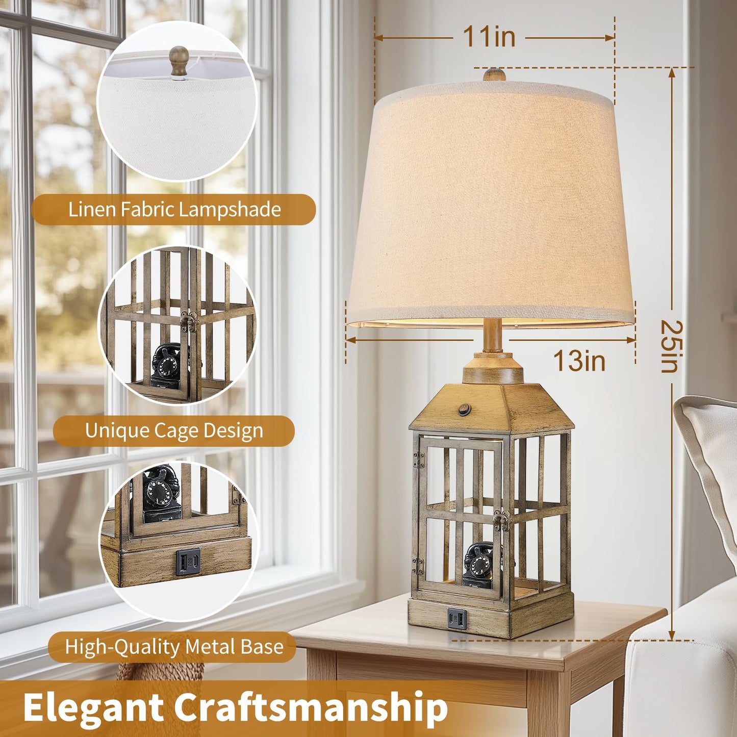 25" Farmhouse Table Lamps for Living Room, Table Lamps Set of 2 with USB Port and Nightlight, Rustic Table Lamp for Bedroom, Bedside Lamp for Nightstand, End Table, Home, LED Bulbs Included (Wood)