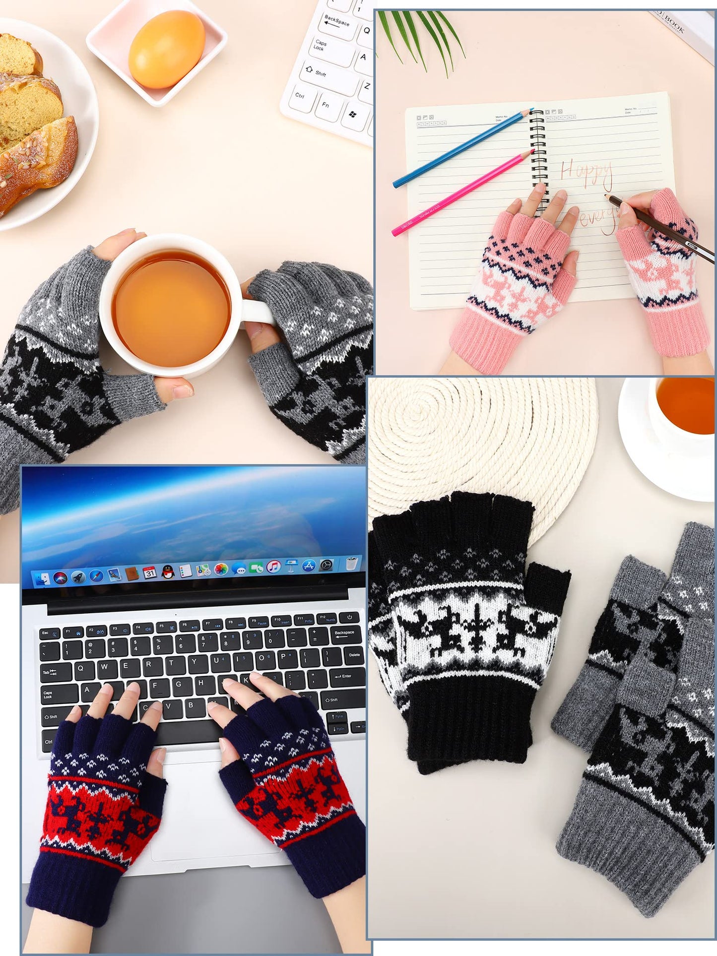 4 Pairs Fingerless Gloves Unisex Half Finger Striped Knit Stretchy Winter Gloves for Women Men Cold Weather(Elk Style)