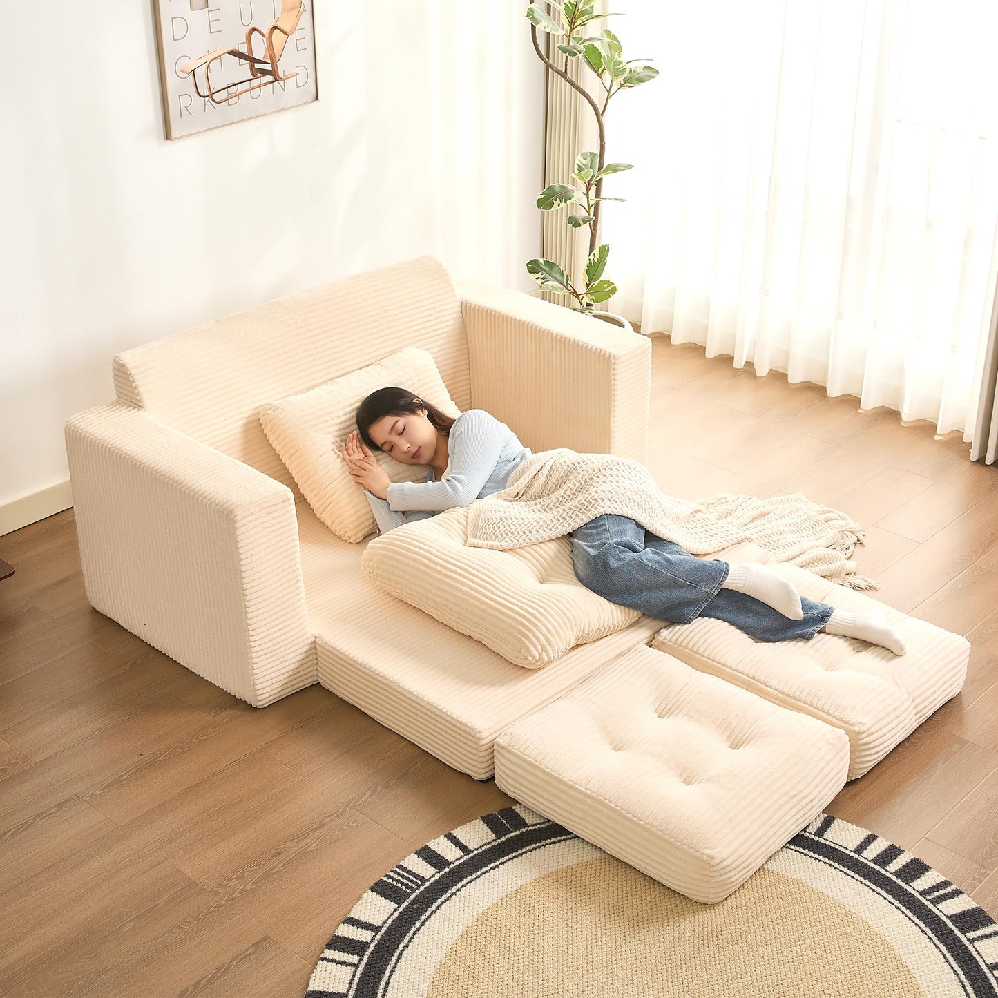 Afuson 61" Convertible Sofa Bed, Pull Out Loveseat Sleeper Sofa, 3 in 1 Folding Futon Bed, Fold Out Floor Bed Sofa with Pillows for Living Room Bedroom Lounge Guest Room, Corduroy, Beige