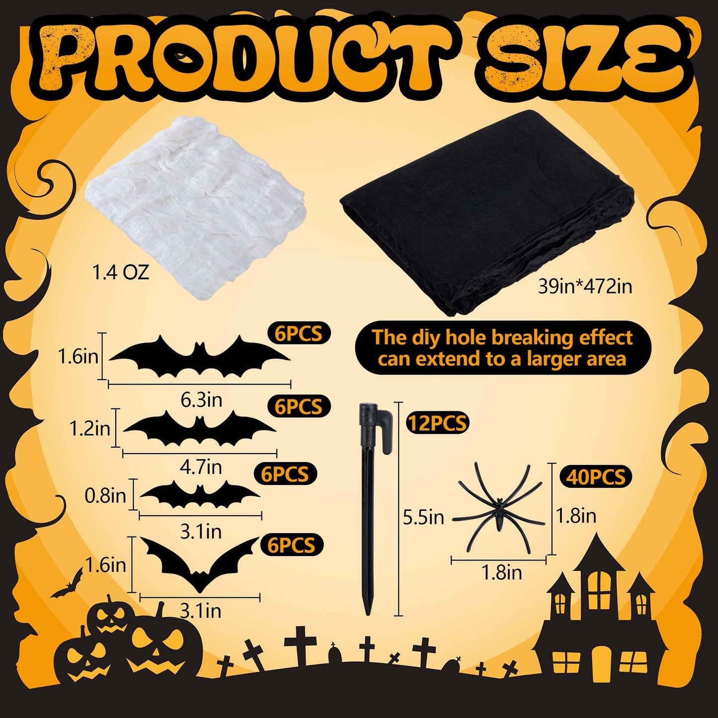 1360 Sqft Cuttable Stretchy Spider Web Halloween Decoration, Black Giant Outdoor Beef Netting Halloween Spider Webs, DIY Spooky Gauze Cobweb Fake Spiders Bats for Yard Garden Party Decor (472" x 39")