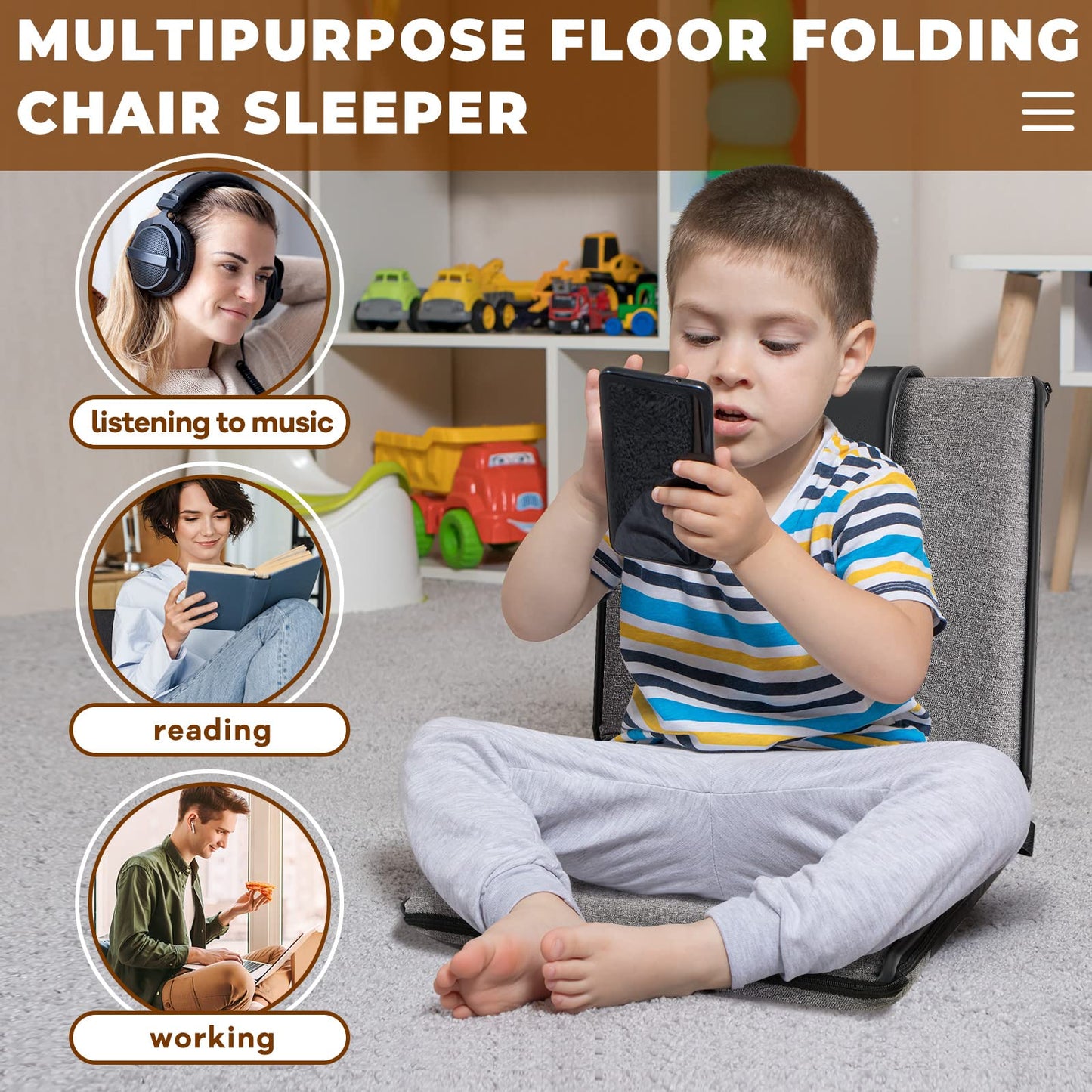 2 Pcs Adjustable Floor Chair with Back Support, Padded Seat, Portable, Meditation Cushion, Fully Folding Backrest for Adult, Kid, Gaming - Linen Washable Cover, Nylon Bottom (Gray, Black)