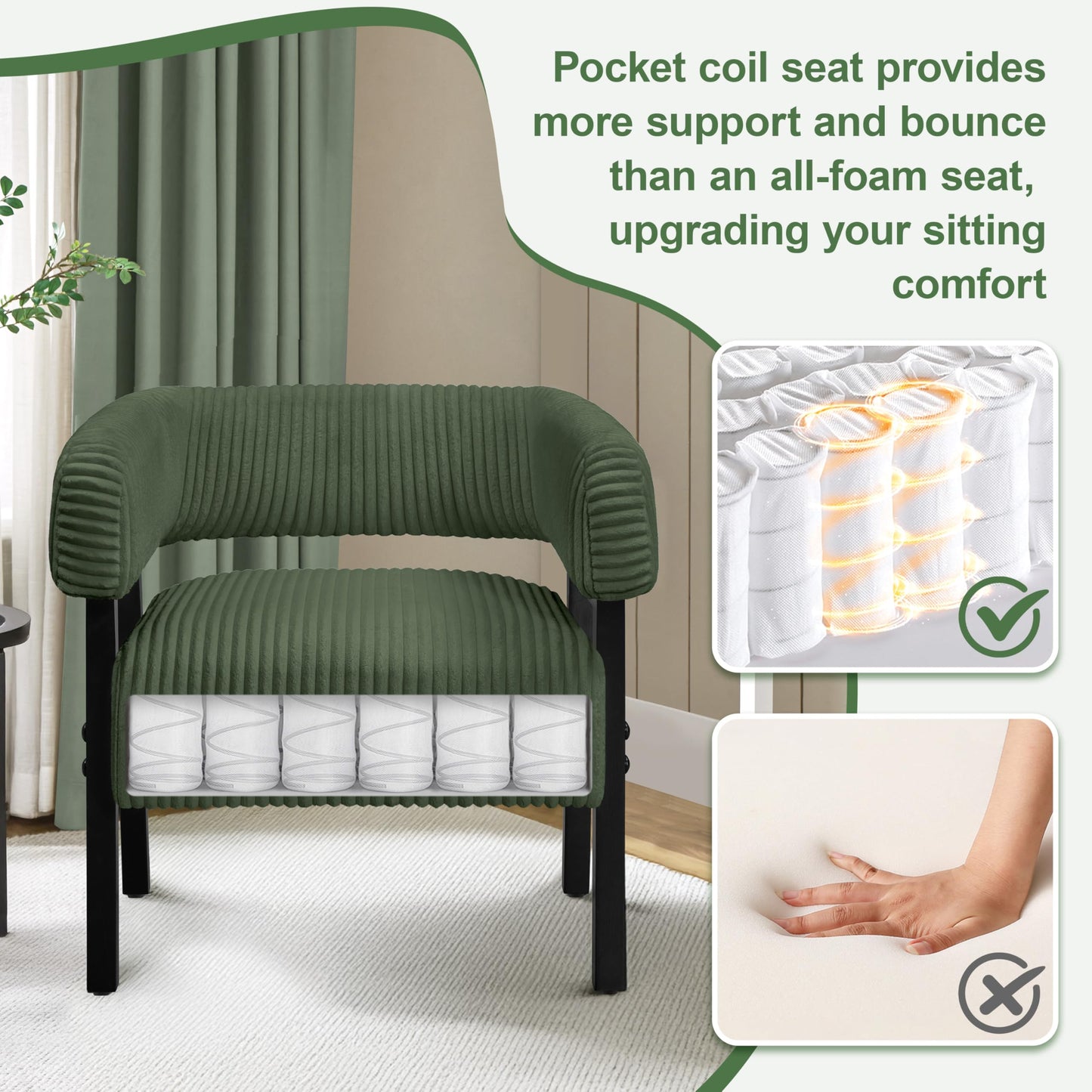 Yaheetech Corduroy Barrel Accent Chair Set of 2, Modern Upholstered Armchair with Solid Wood Legs, Cozy Leisure Chair with Pocket Coiled Seat for Living Room, Bedroom, Reading Nook Dark Green