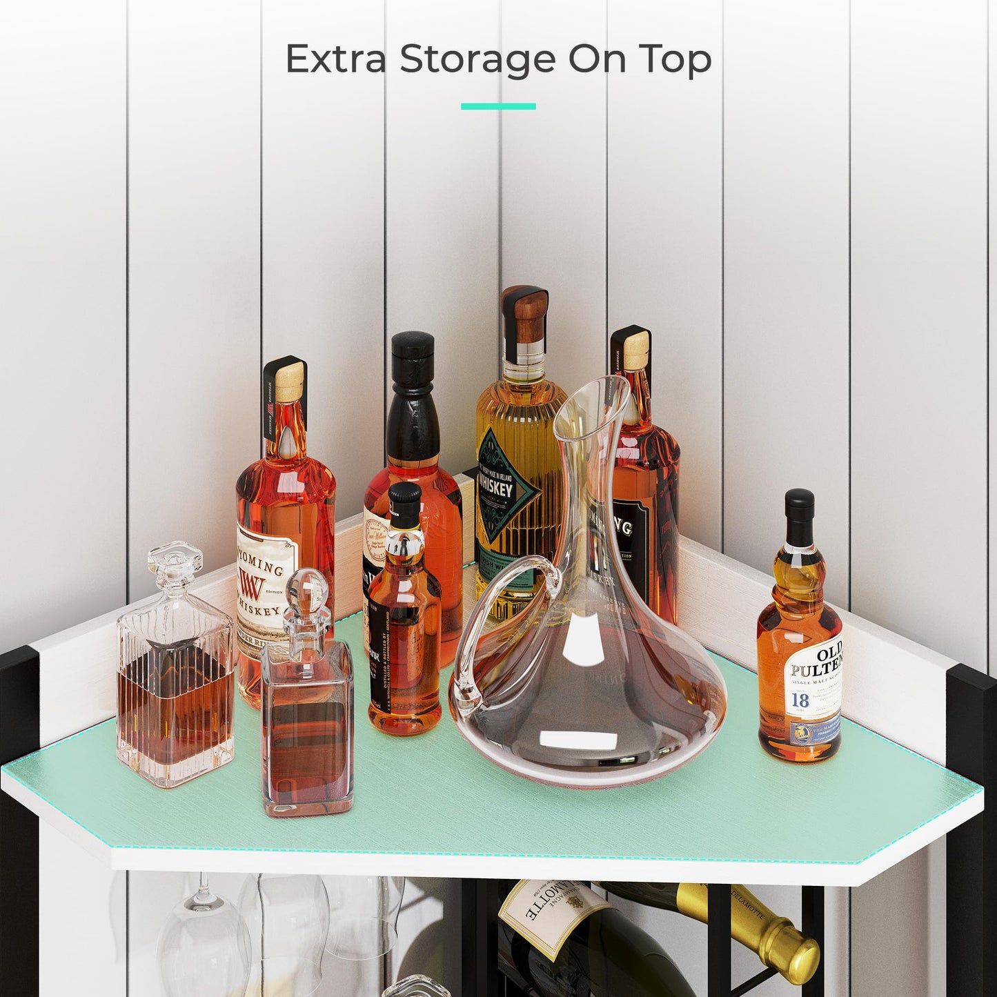Vividwood 63” Tall Corner Bar Cabinet, Farmhouse Liquor Cabinet with Wine Rack (Holds 50+ Bottles), Glass Holder, Adjustable Shelves & Barn Door, Home Bar for Living Room/Kitchen, Ivory White