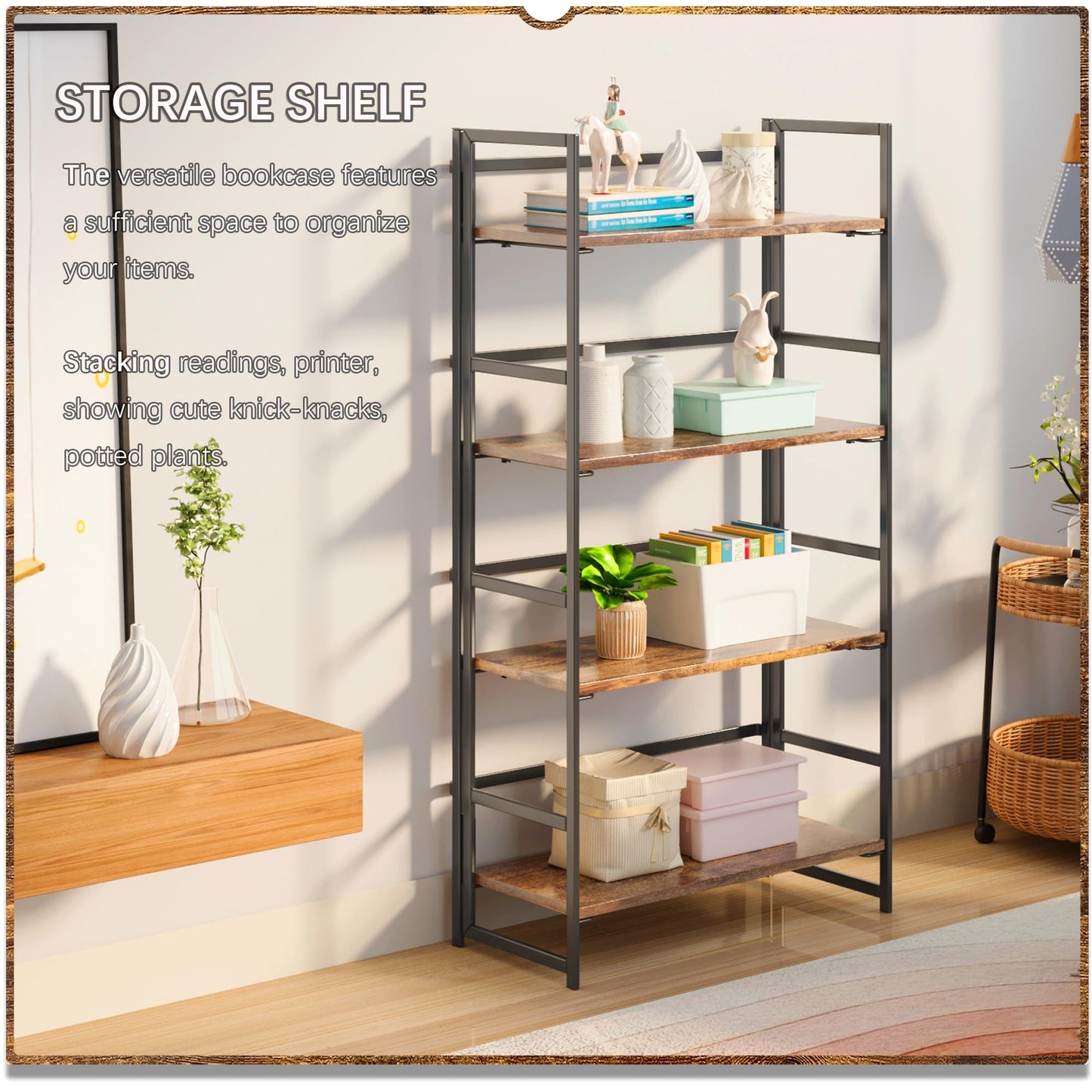 4NM No Assembly 4 Tiers Book Shelves, Black Folding Bookshelf Bookcase Open Industrial Foldable Shelves for Bedroom, Living Room, Home Office - Rustic Brown Black