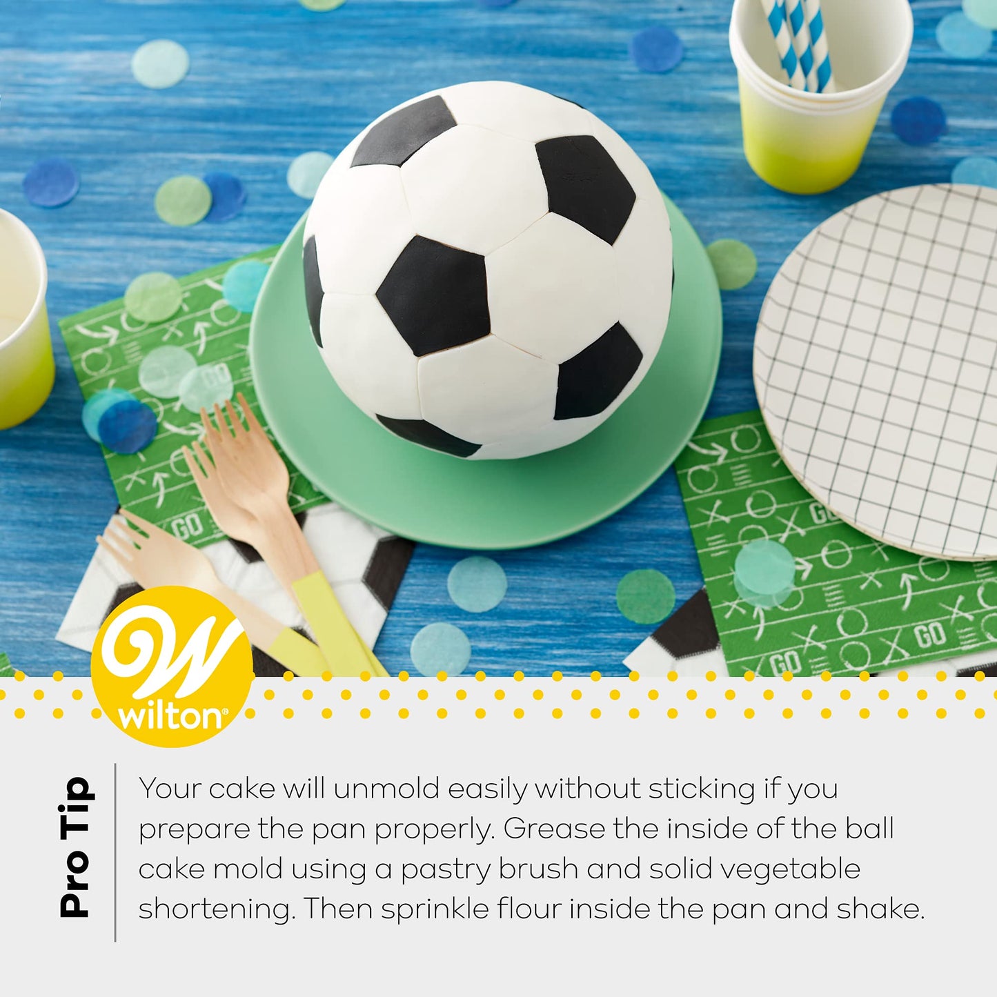 Wilton 3D Sports Ball Cake Pan Set, Aluminum Bakeware for Shaped Cakes, Durable, Even Heating, Rust-Resistant, Includes 2 Half-Sphere Pans, Packaging May Vary