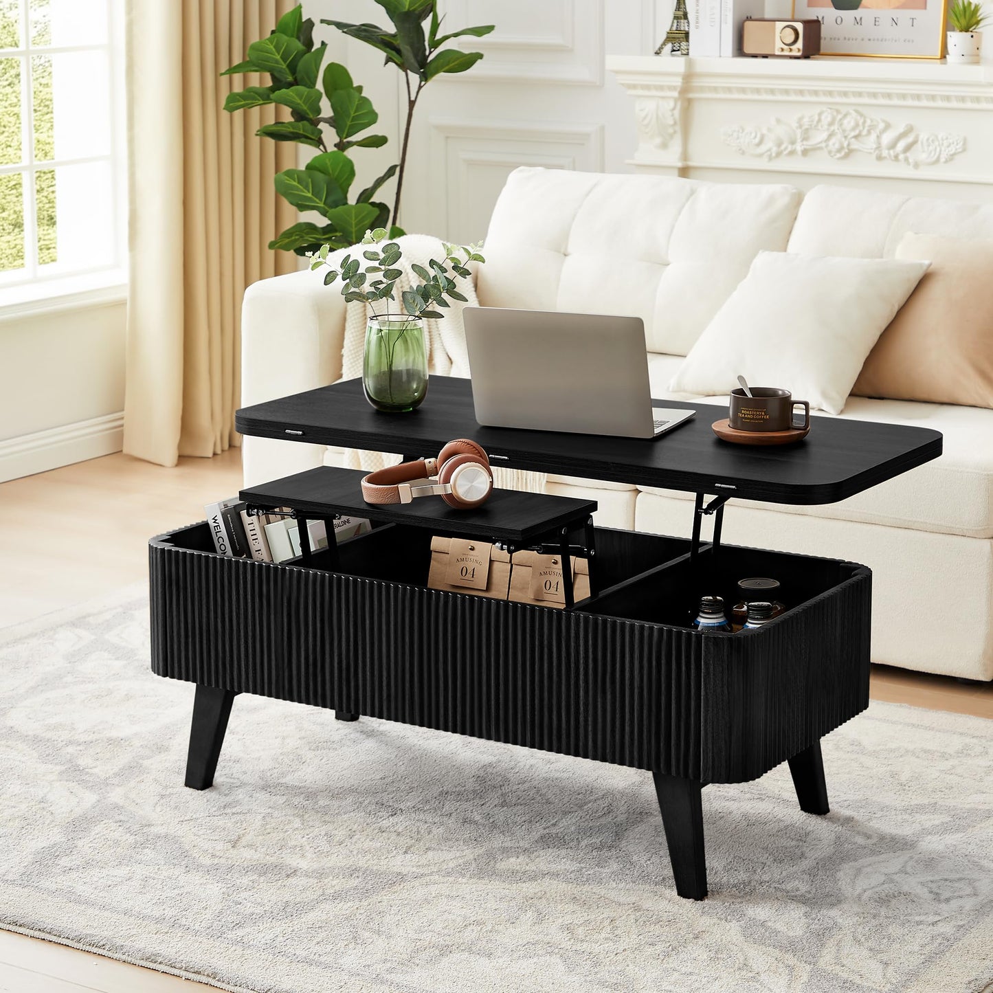 3 in 1 Lift Top Coffee Table, Fluted Convertible Coffee Tables Converts to Dining Tables, Modern Oval Wooden Center Table with Storage for Living Room Office Small Space, Partial Assembly (Black)