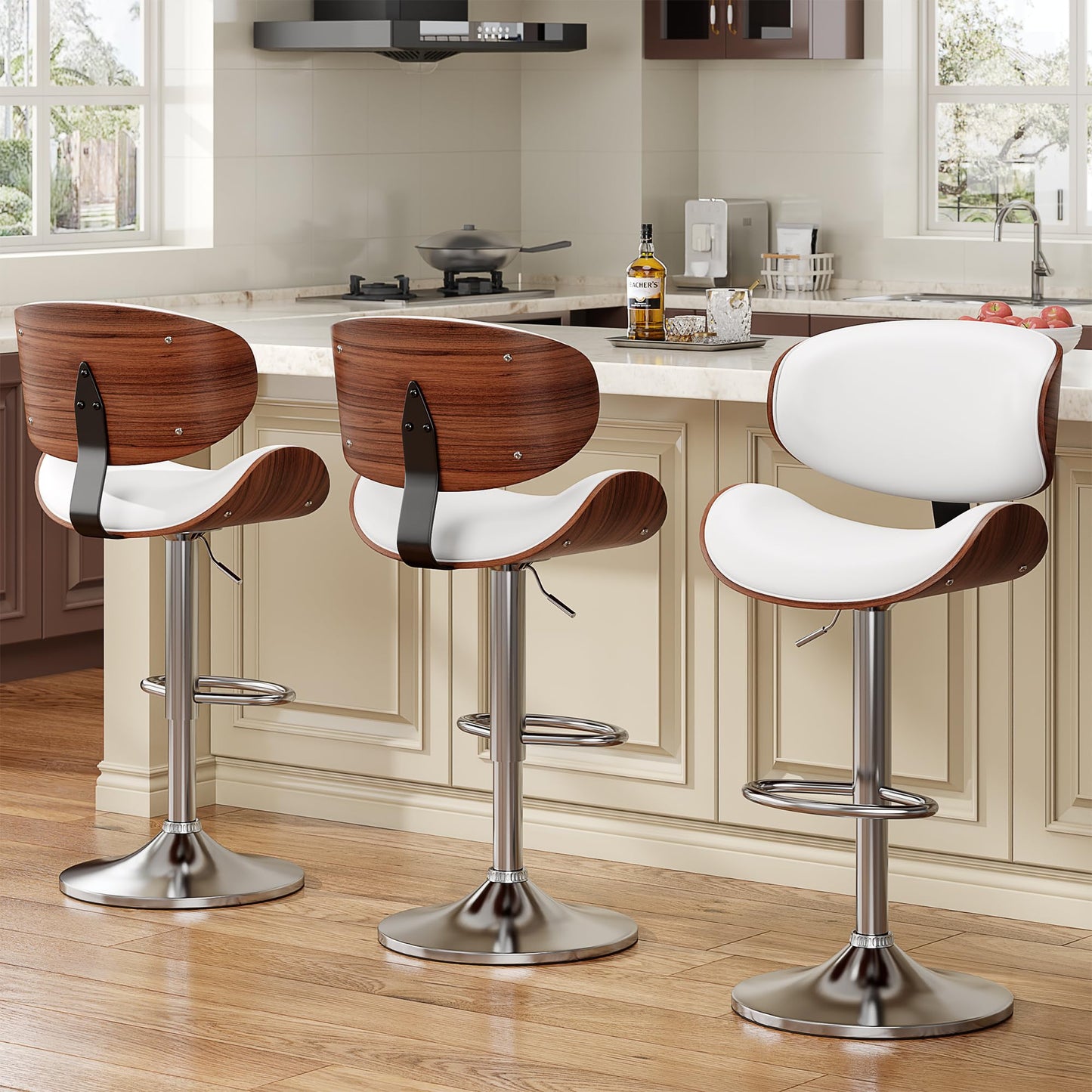 YaFiti Bar Stools Set of 4, Modern Pu Leather Swivel Adjustable Bar Stool Counter Height Stool Set, Bar Chair with Back and Footrest for Kitchen, Dining Room, White