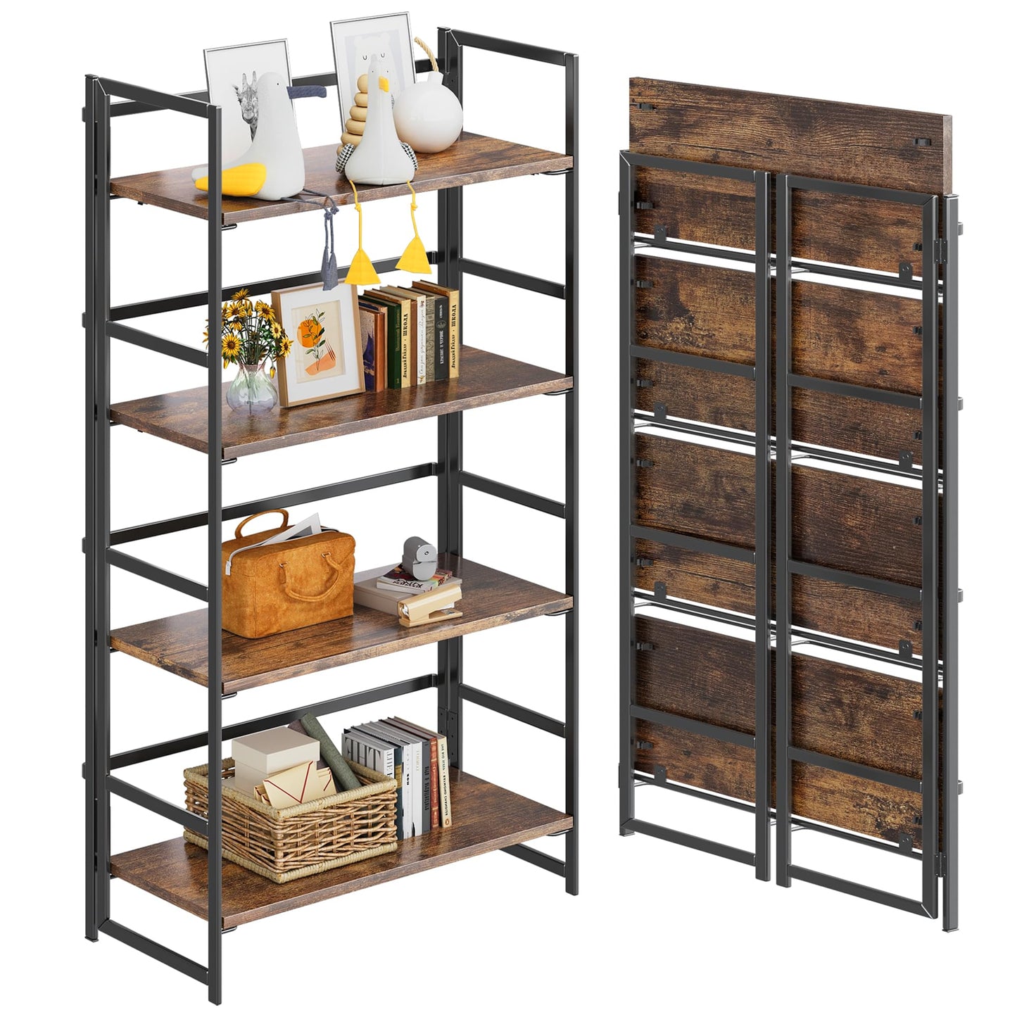 4NM No Assembly 4 Tiers Book Shelves, Black Folding Bookshelf Bookcase Open Industrial Foldable Shelves for Bedroom, Living Room, Home Office - Rustic Brown Black