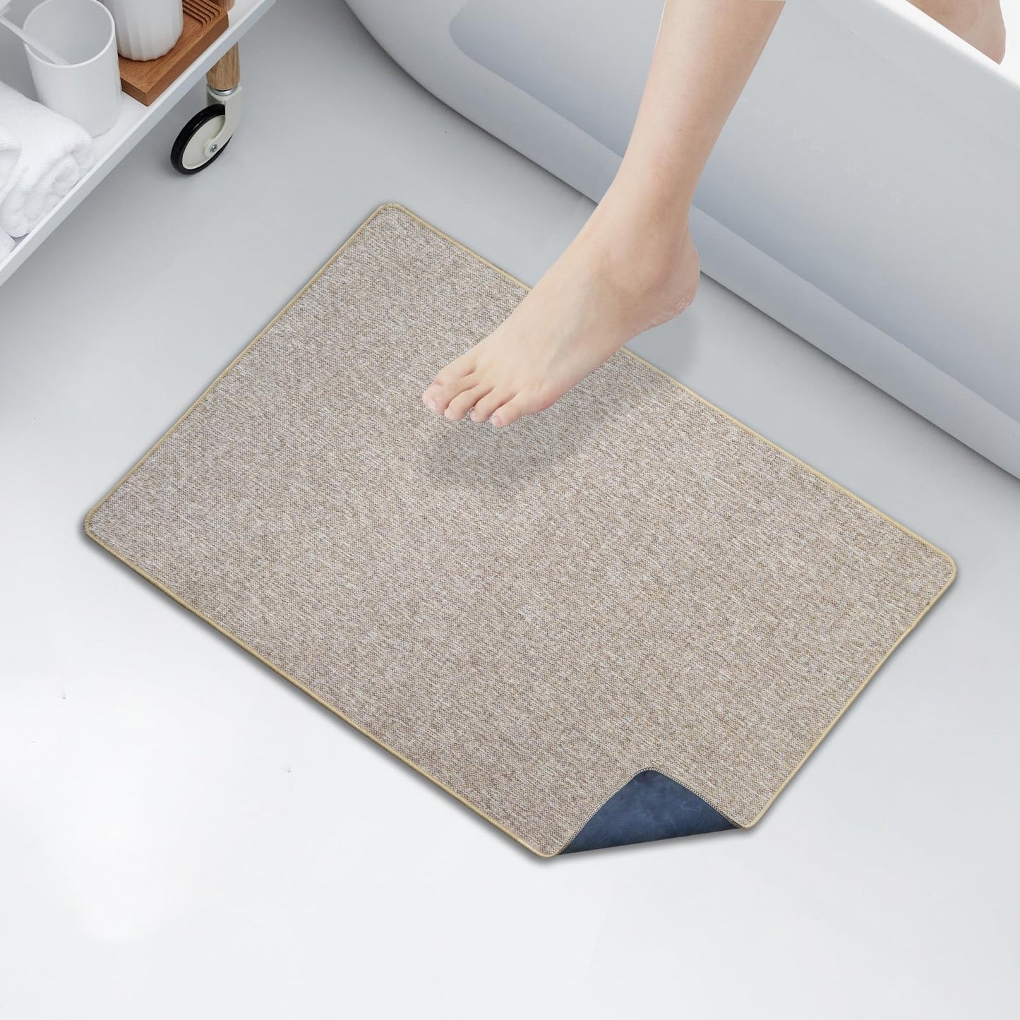 Yancorp Thin Bathroom Rugs 16"x 28" Non-Slip Rubber Bath Mats Quick Dry Bath Rugs, Cozy Cloth Mat fit Under Door, Sink, Bathtub, Floor, Shower, Khaki