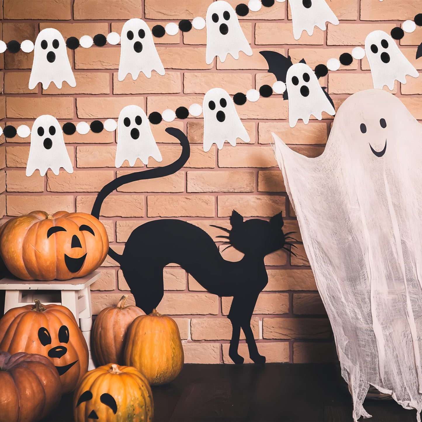 8.2 Ft Halloween Garland Cute Ghost Felt Garland 3D Ghost Hanging Banner White Black Pom Pom Ball Banner Felt Ghosts Hanging Decorations for Halloween Fireplace Mantle Window Home Party Decor