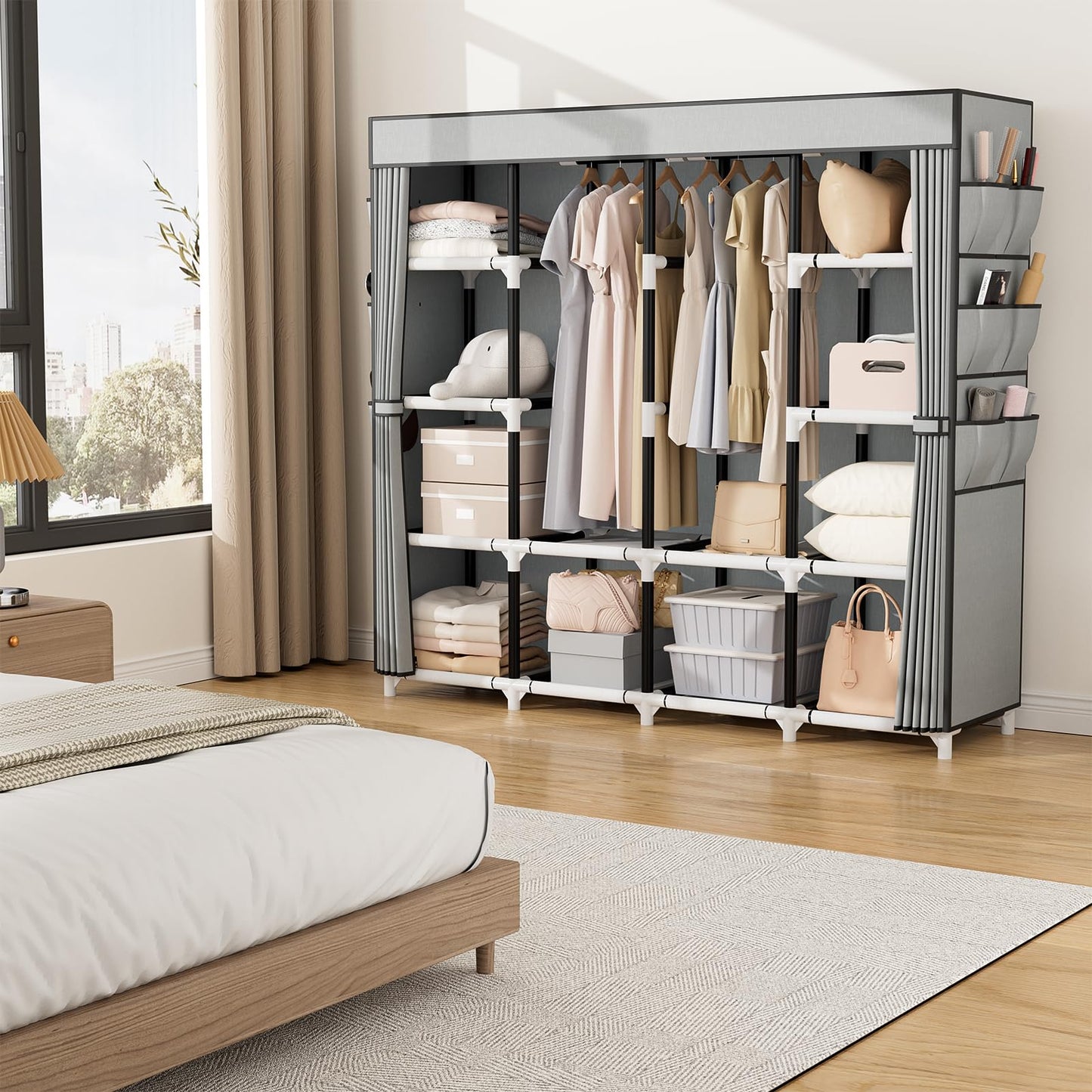 VTRIN Portable Closet, 69 Inch Wide Wardrobe Closet for Hanging Clothes, 19mm Metal Pipe,Sturdy Clothes Rack with Cover, 2 Hanging Rod,12 Shelves, 6 Pocket, Free Standing Closet for Bedroom