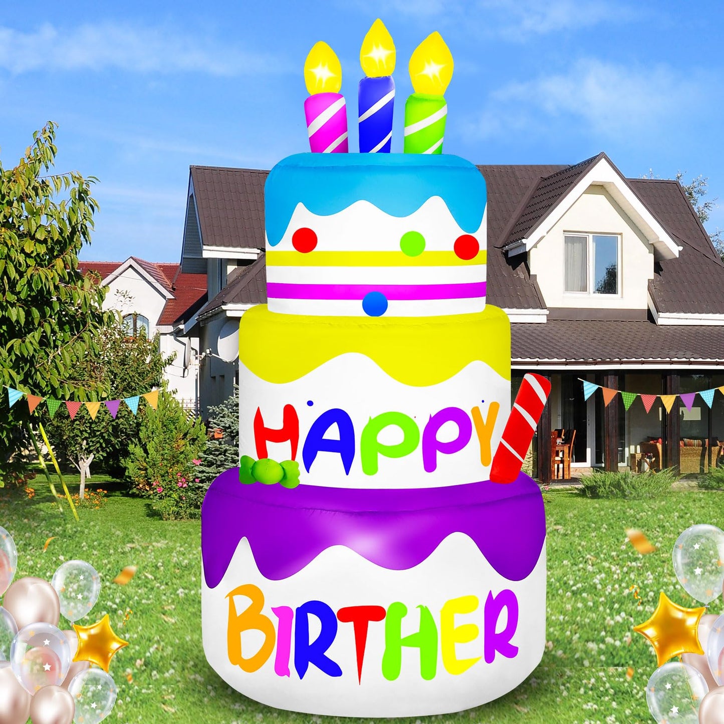 4 Ft Happy Birther Inflatable with 3 Candles Outdoor Decorations, Inflatable Cake with 6 LED Lights Happy Birther Blow Up for Indoor Home Holiday Party Patio Garden Yard