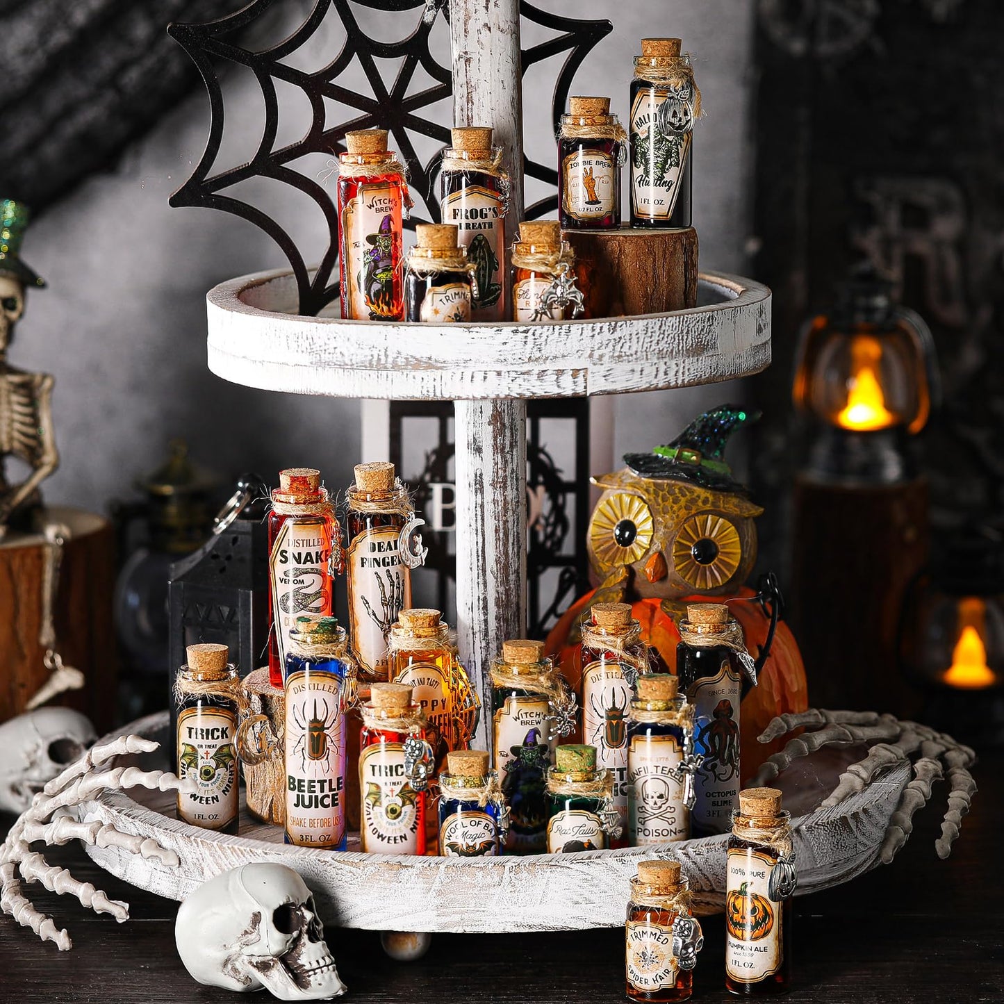 Yaomiao 124 Pcs Halloween Magic Potions Kit Halloween Party Decorations Creative Gift Apothecary Bottles Decorations with Labels Stickers Charms Pendants Ropes and Funnels for Indoor Party Supplies